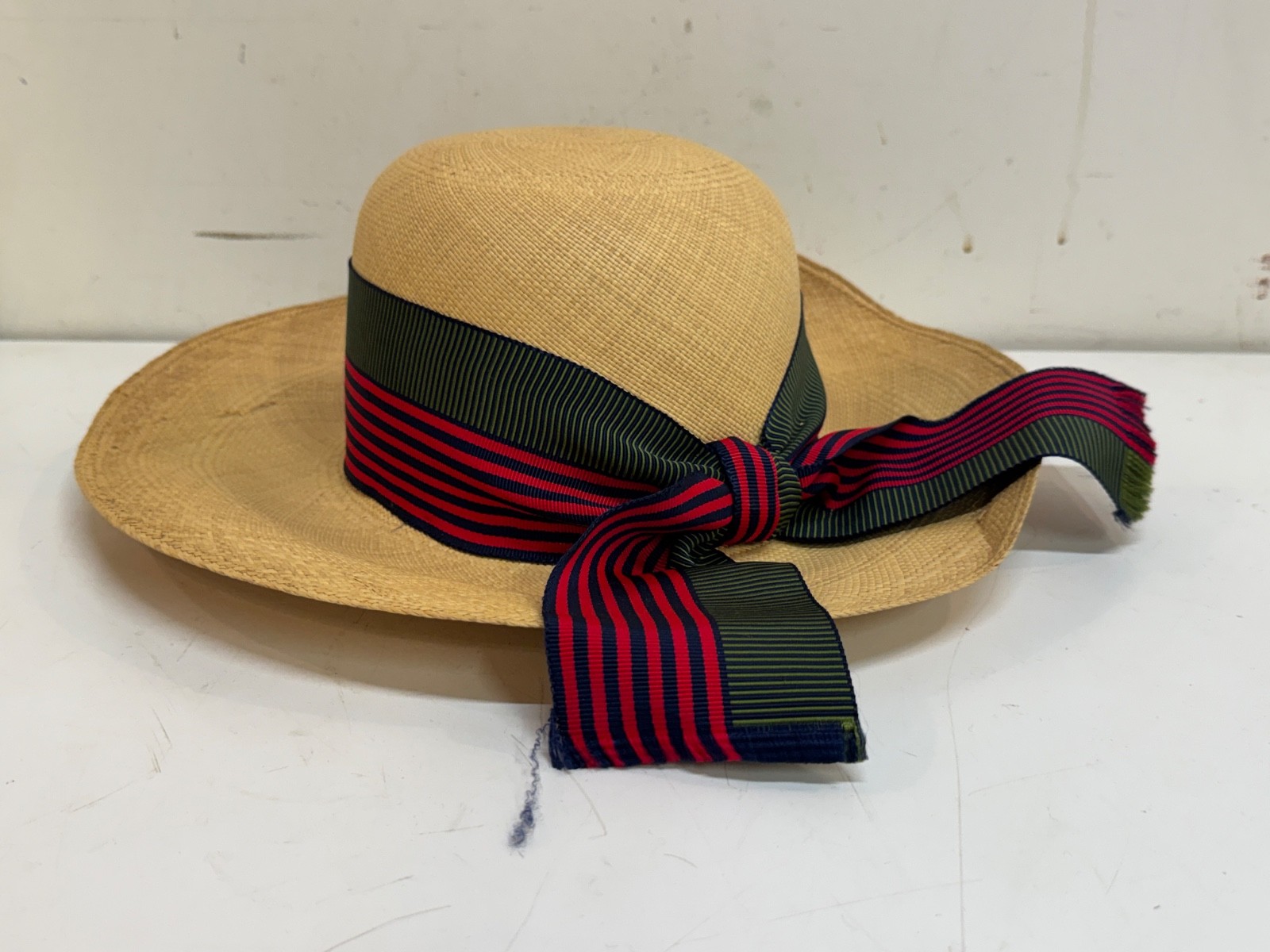 Vintage Montaldo’s Woven Straw Beach Hat Wide Brim Red Green Striped Ribbon
