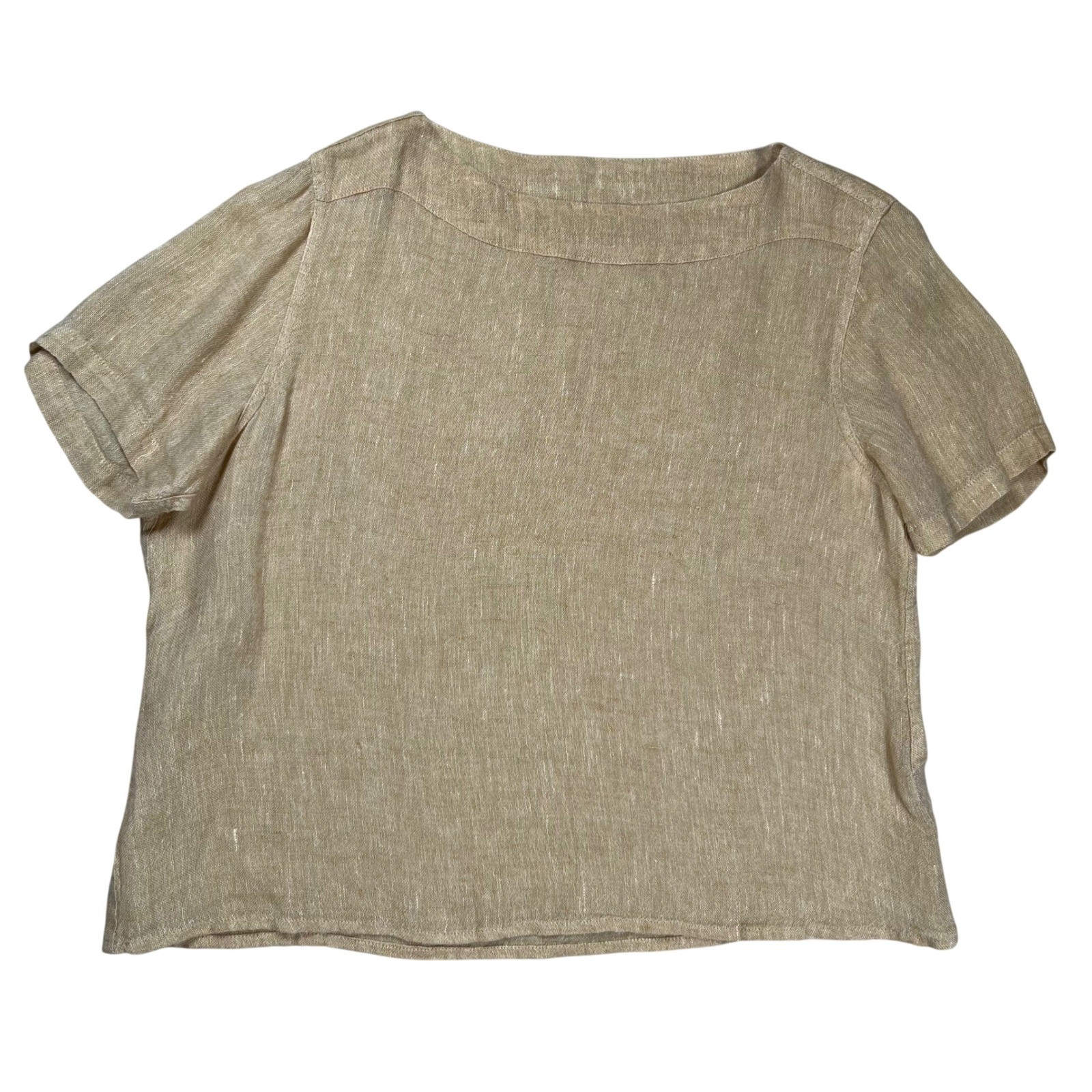 Flax Linen Top Women\'s Medium Yellow Boat Neck Short Sleeve Minimalist Lagenlook