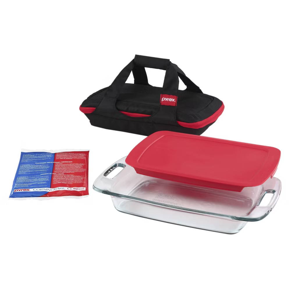 Pyrex 4pc Portables Easy Grab Baking Dish Set: Glass Bakeware with Lid