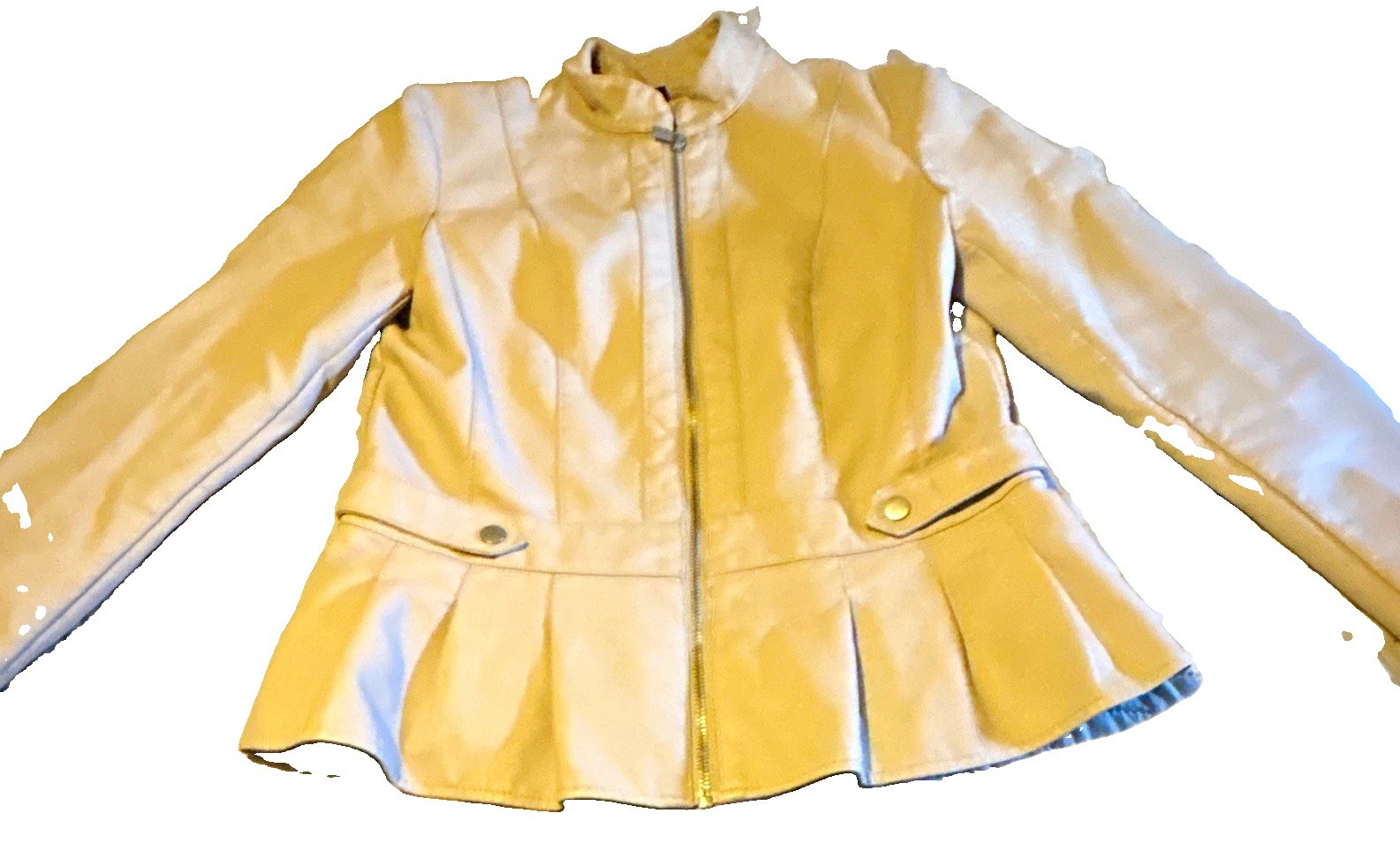 Baccini Women’s Beige Peplum Snap Button Full Zip Short Jacket Size S Baccini Women’s Beige Peplum Snap Button Full Zip Short Jacket Size S