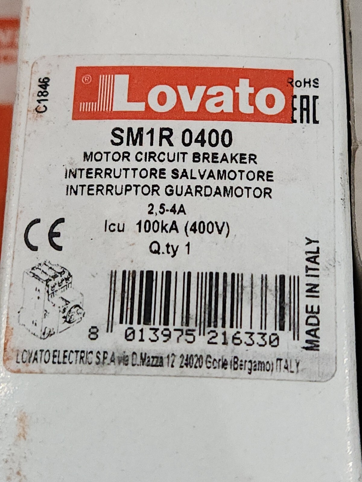 Lovato Electric SM1R0400, 400V motor protection, adjustment range 2.5 - 4 A