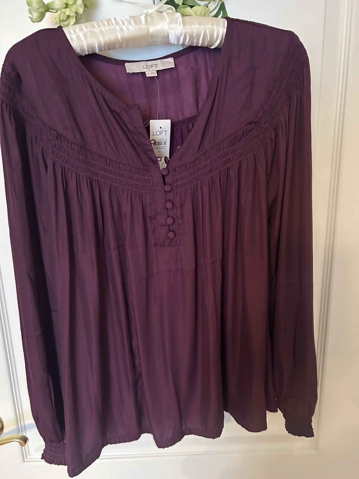 The LOFT Plum Purple Boho Long Sleeve Blouse Top ~ Size Medium ~ NWT 