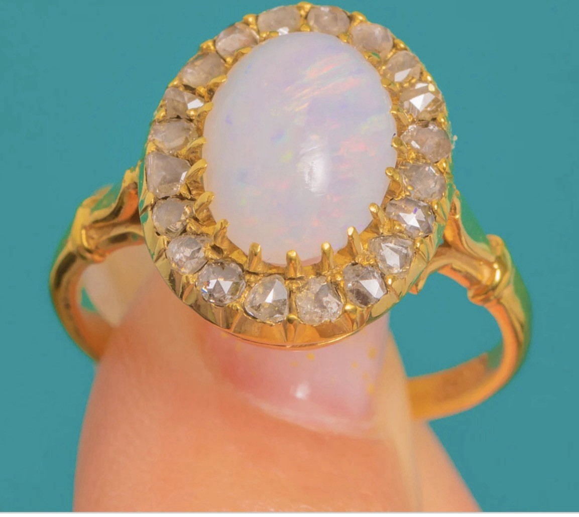Antique Victorian 15k Yellow Gold Diamond Halo Opal Ring Lillicoco