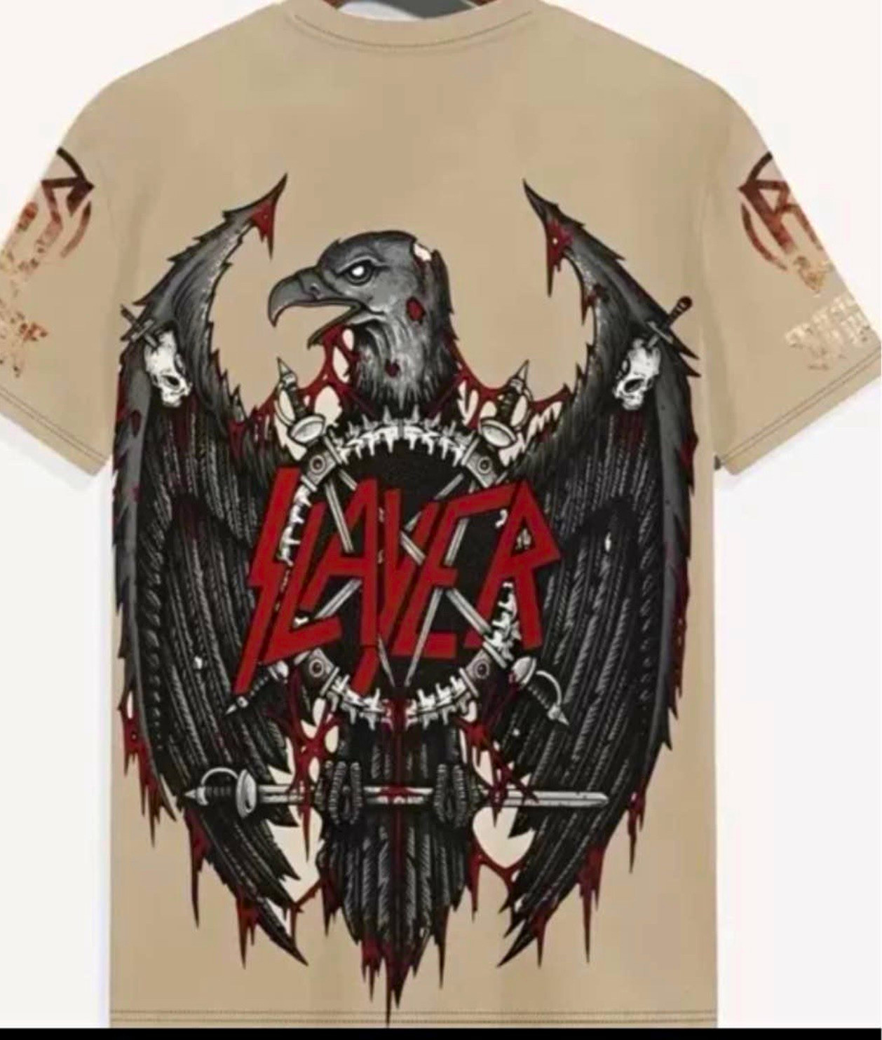 Slayer Graphic Print Beige Short Sleeve Men\'s Regular Fit T-Shirt Metal Rock