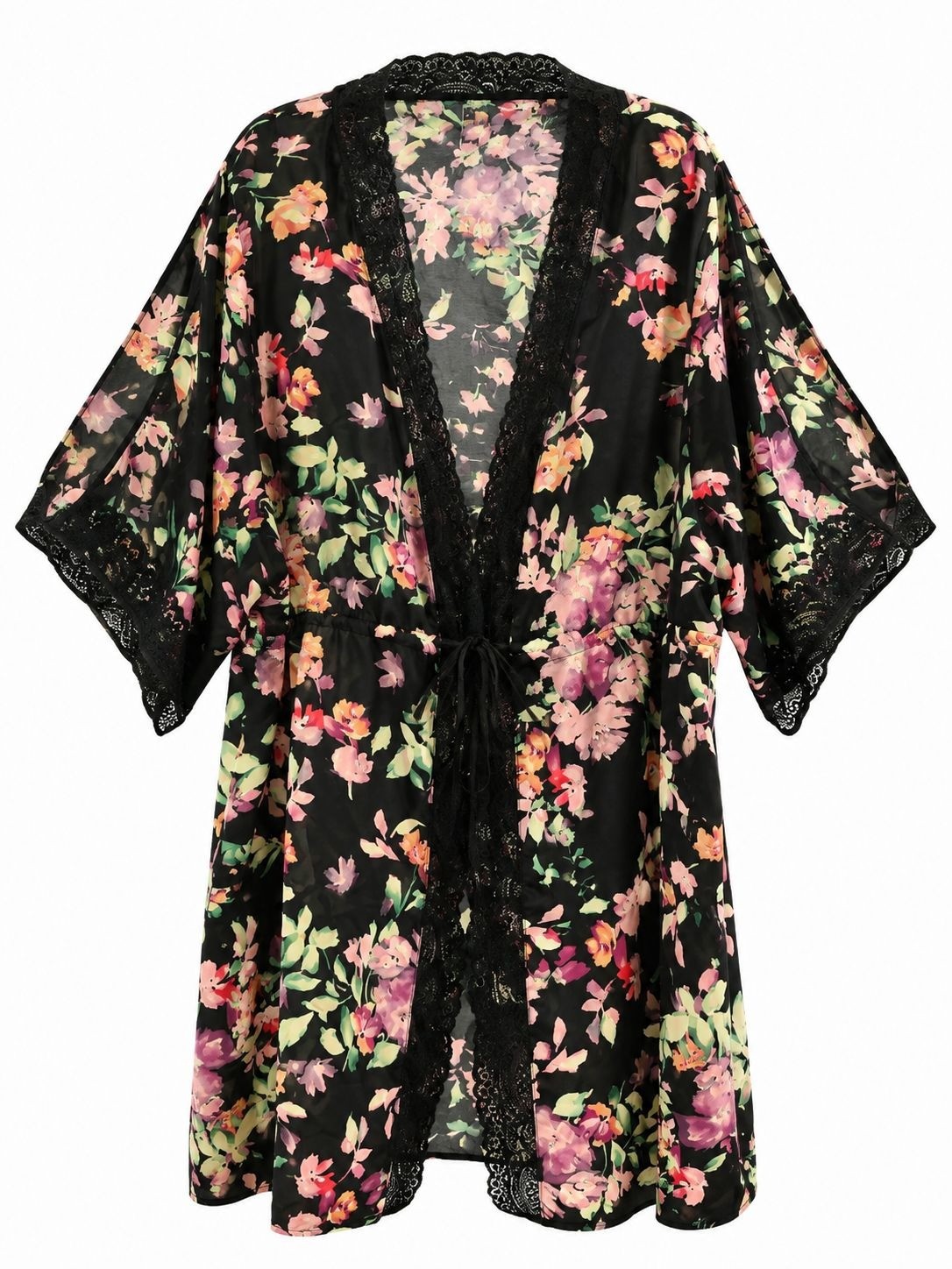 NWT iCollection Front Tie Satin Print Robe Lace Trim Sz 2X Black Floral Kimono