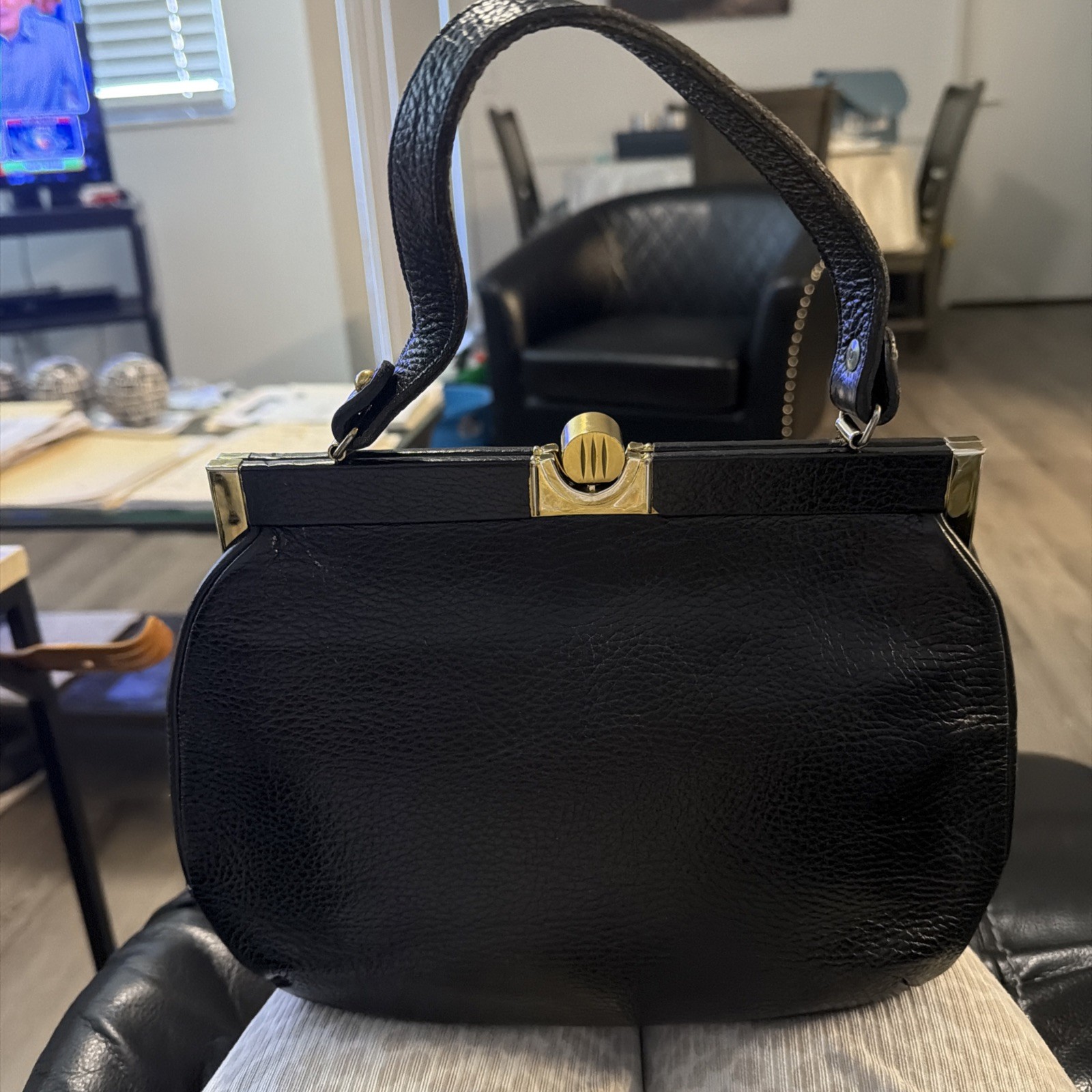 VTG 50s La France Hand Bag Black Pebble Leather Classic Single Handle VTG 50s La France Hand Bag Black Pebble Leather Classic Single Handle