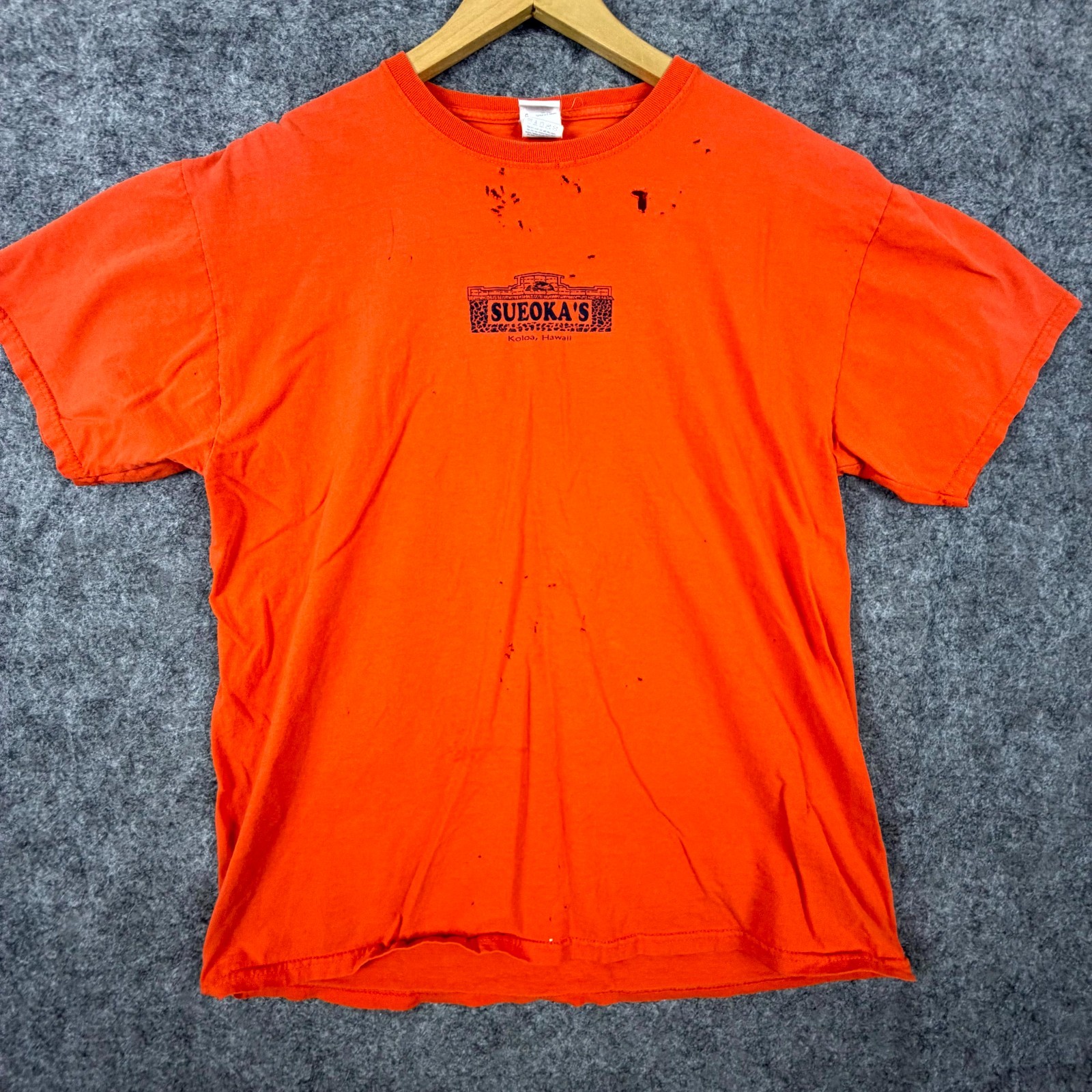 Vintage Sueoka’s Hawaiian Jerzees T-Shirt Mens Large Orange Koloa Kauai Graphic