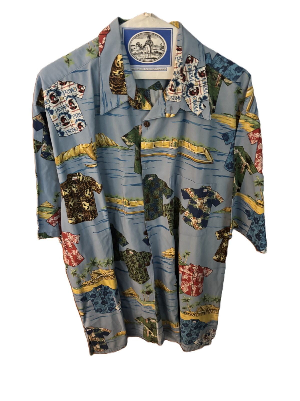 Primo Beer Go Barefoot Mens 2XL Hawaiian Shirt Blue Beach Print Cotton USA Made