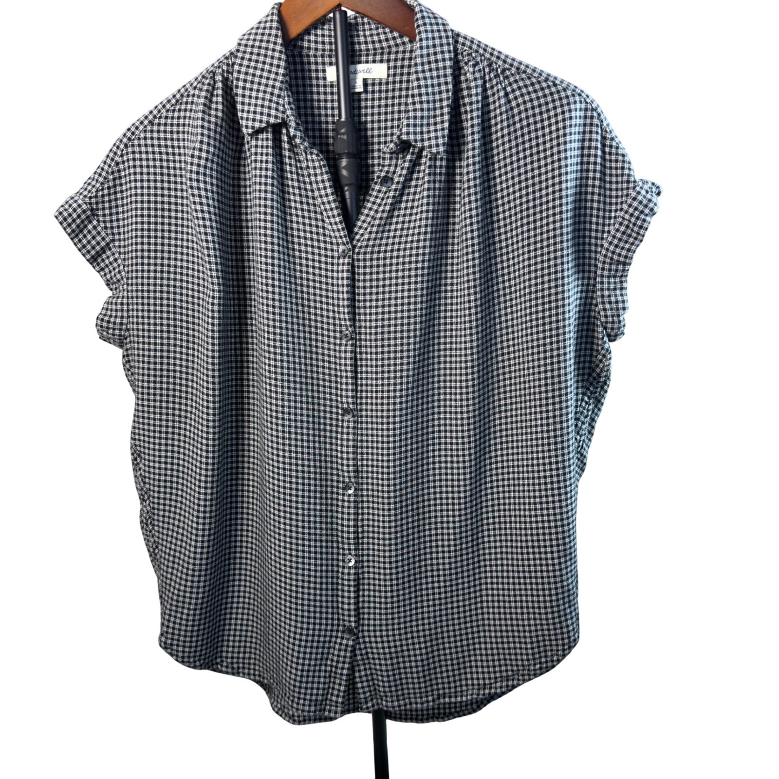Madewell Central Shirt Women Small Black White Gingham Check Cap Sleeve Blouse