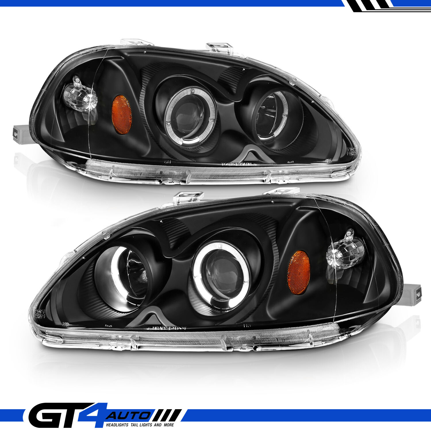 For 1996-1998 Honda Civic LED Halo Projector Black Replacement Headlights Lamps