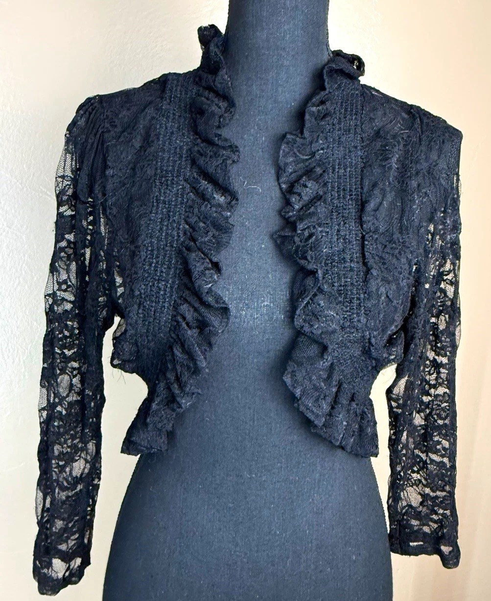 Libian Black Sheer Floral Lace Cropped Bolero Shrug Ruffle Smocked Y2K Gothic S Libian Black Sheer Floral Lace Cropped Bolero Shrug Ruffle Smocked Y2K Gothic S