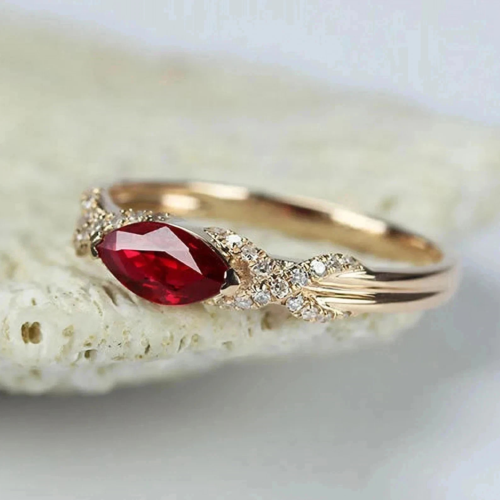 2.56 Ct Marquise Cut Natural Ruby Diamond & Wedding Ring 14K Yellow Gold Size 7