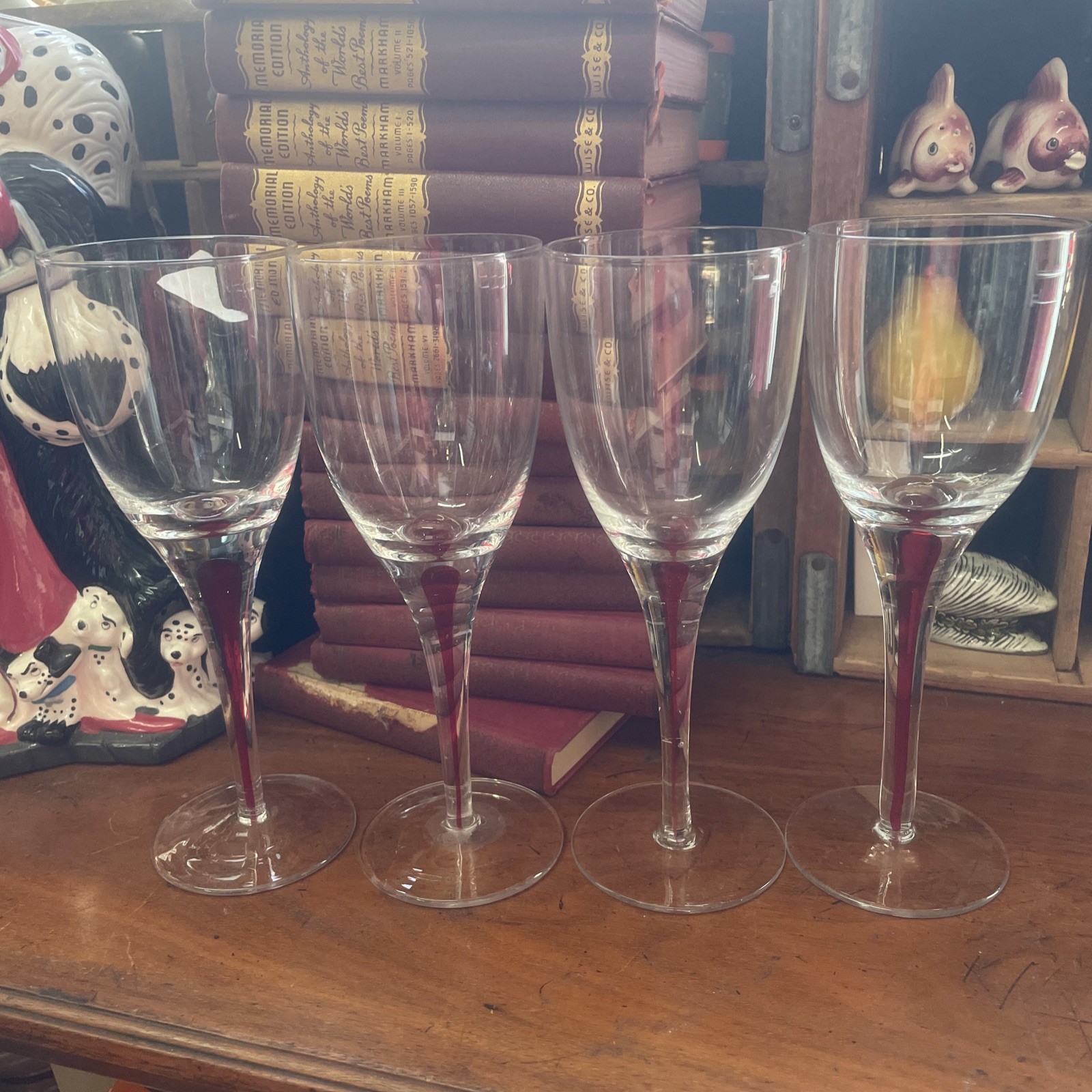 Pier 1 Red Filament Tear Drop Wine Glasses Set of 4 Clear Crystal Stemware 8.75\