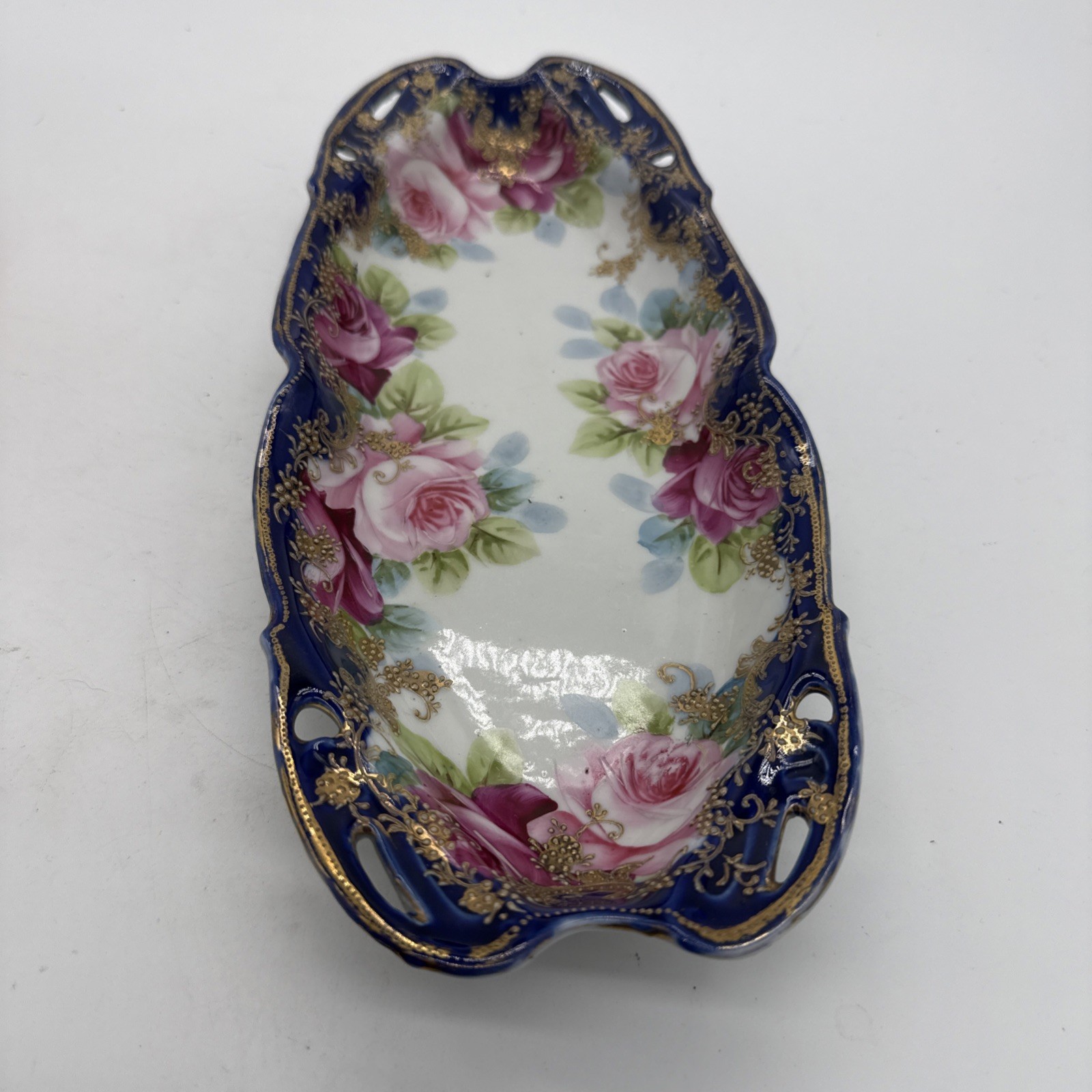VTG Possibly German Porcelain Rose Moriage Gold Encrusted Cobalt Tray