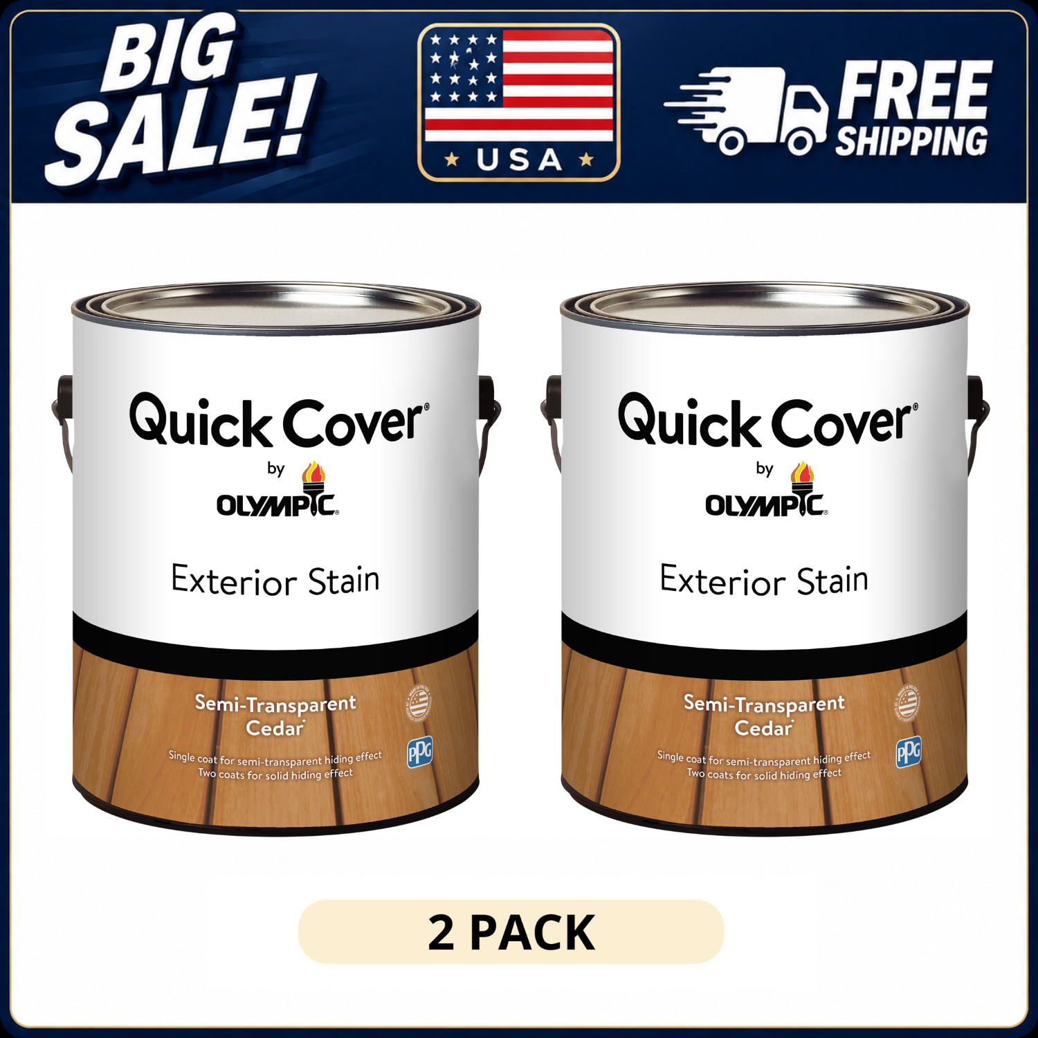 (2 Pack) Olympic Quick Cover Cedar Wood Stain 1 Gallon Semi Transparent
