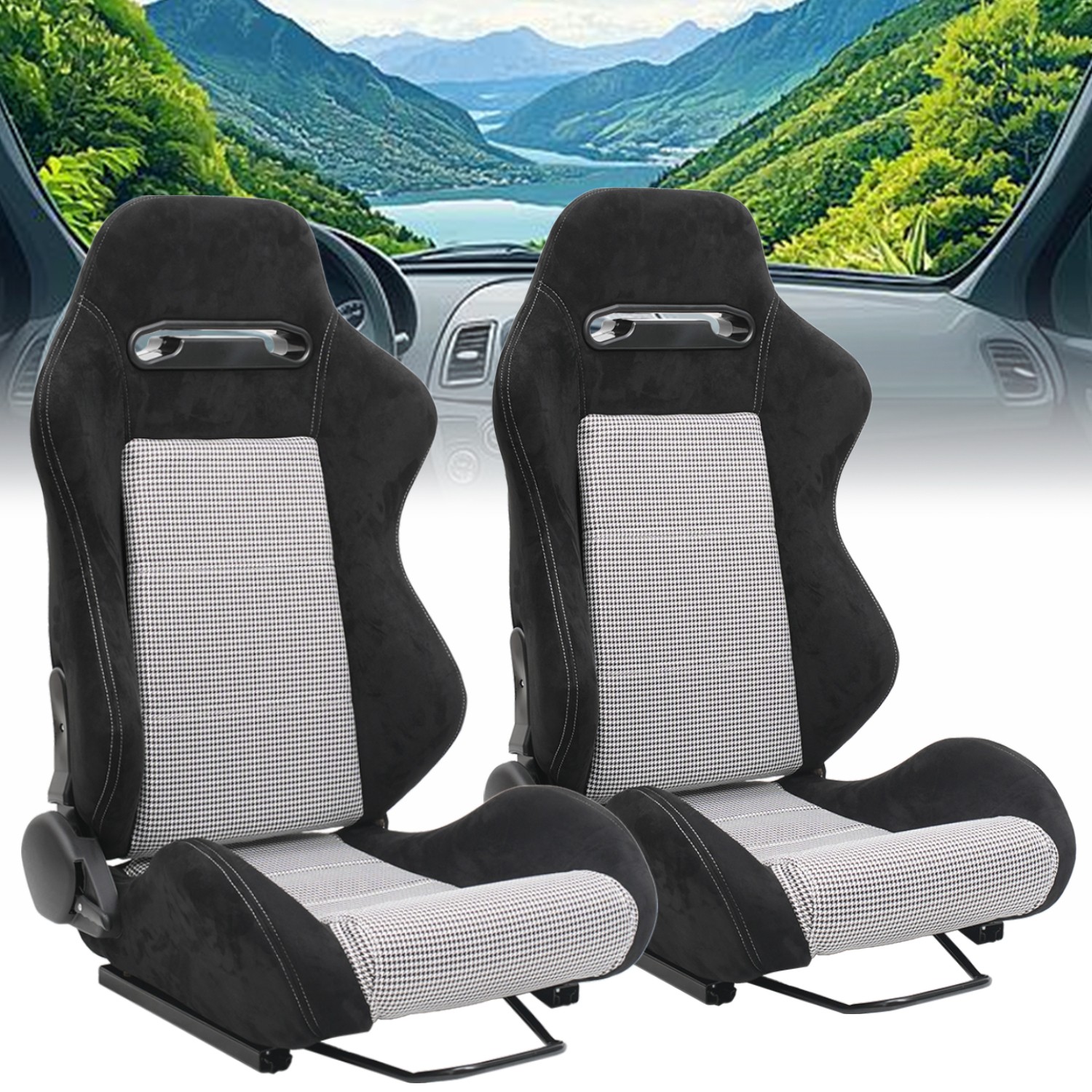 Universal Reclinable Racing Seats Dual Slider Suede Black White Plaid -Pair