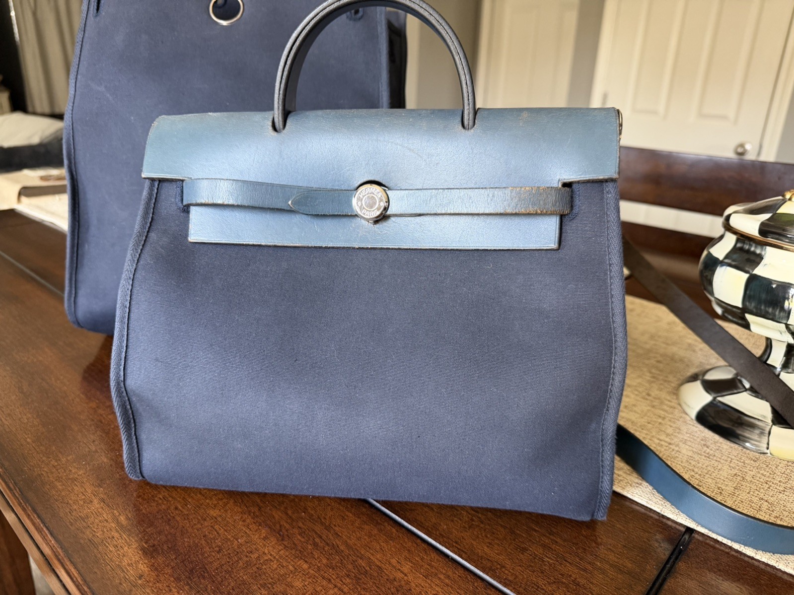 Auth HERMES Her Bag a Dos - Navy Toile H Box Calf Square F Backpack