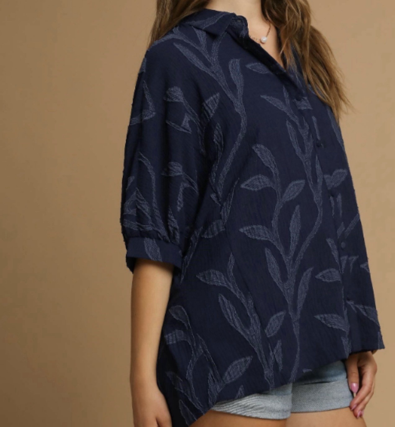 Umgee Large Oversized Navy Leaf Jacquard Button Front Blouse Boho Coastal NWT