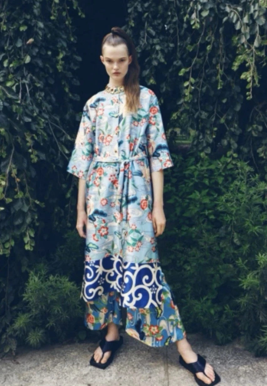 ZARA Floral Bird Tropical Belted Silky Kimono Shirt Dress/Kaftan Size MEDIUM