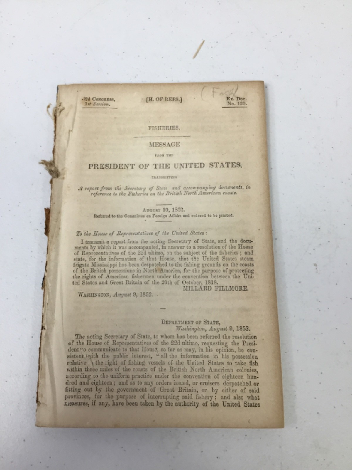 Congressional Updates on Fisheries & Fishing 1852, Filmore And Congress