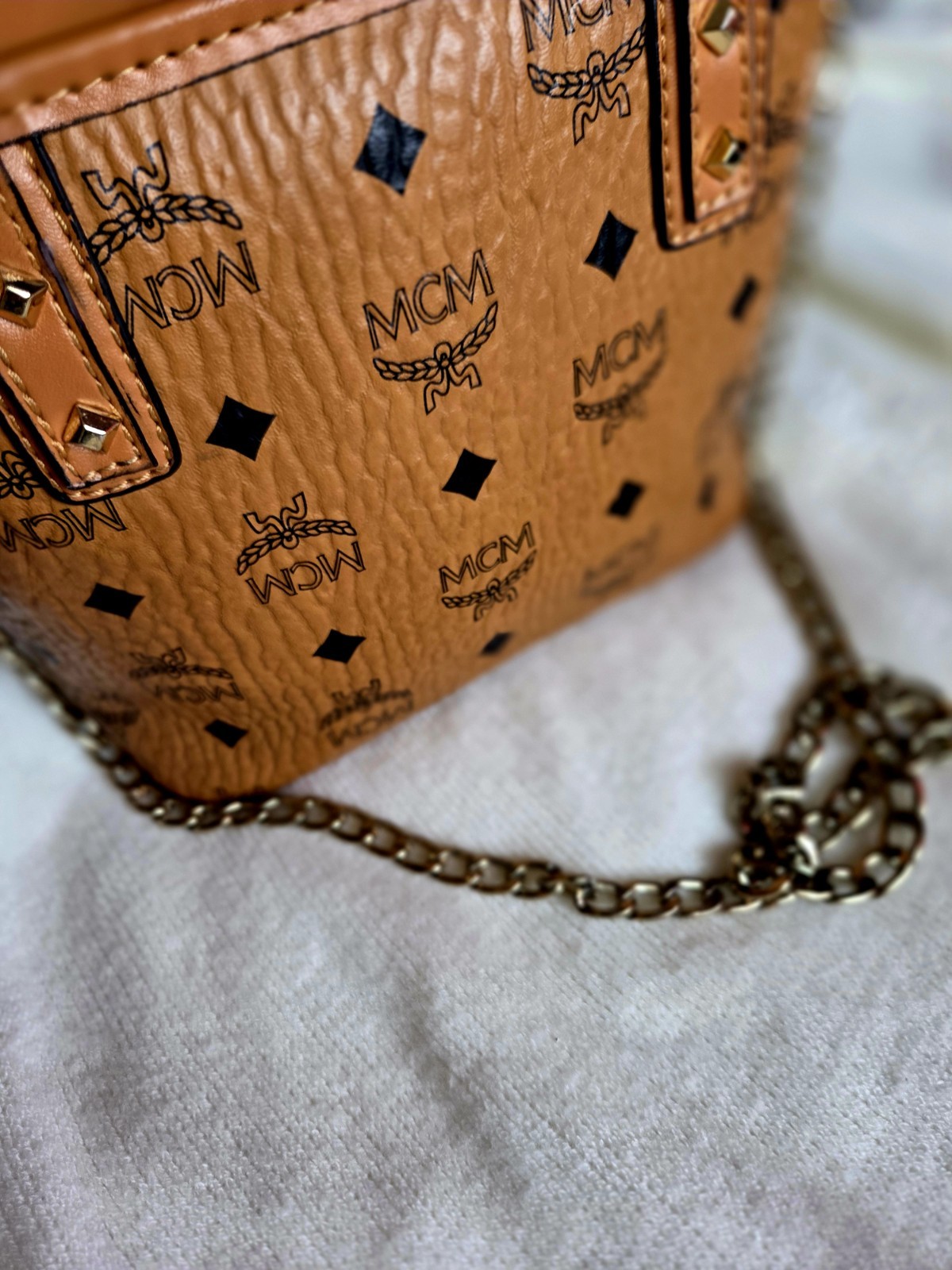 MCM Visetos Monogram Mini Satchel Zip Bag w/ Chain Strap Gold Hardware