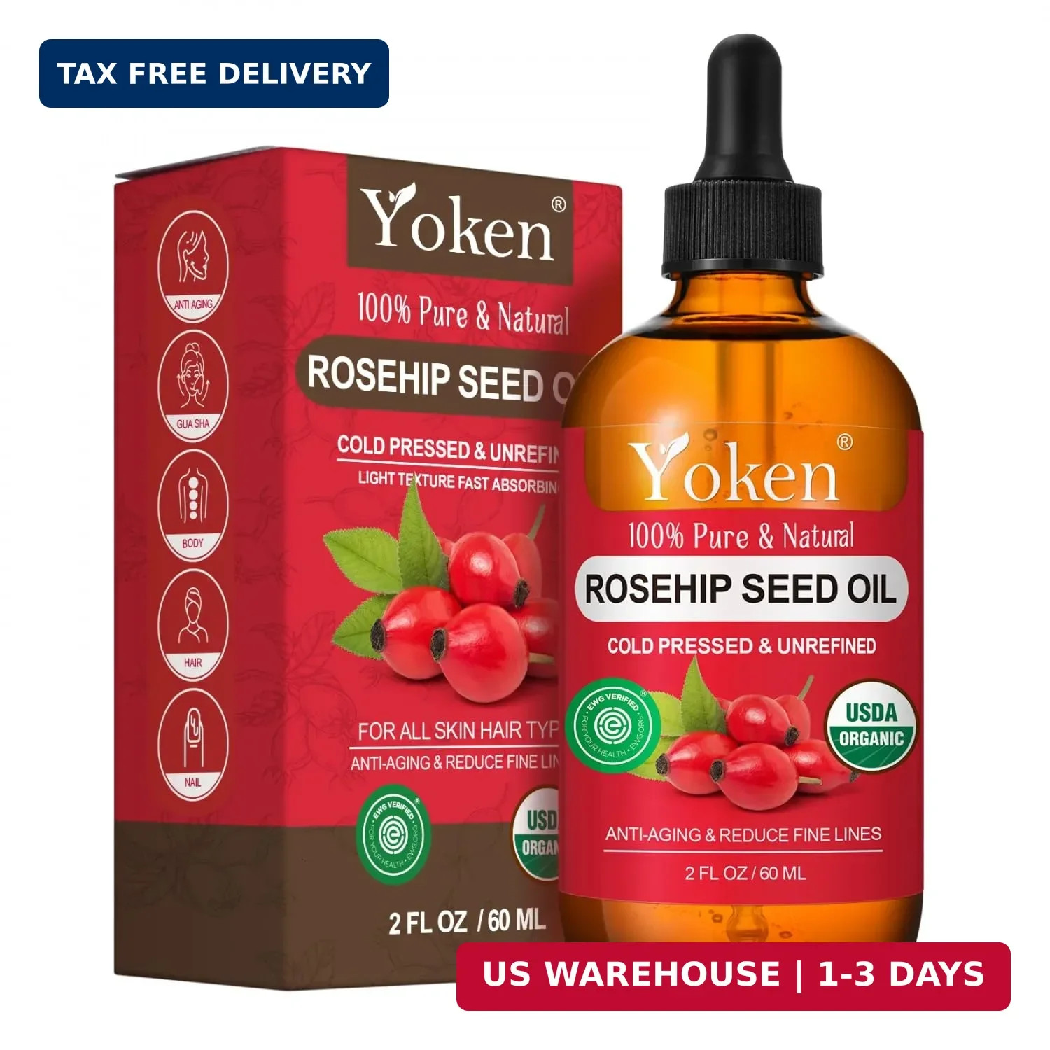 Yoken Organic Rosehip Seed Oil for Face, 100% Pure and Natural Cold Pressed Unre