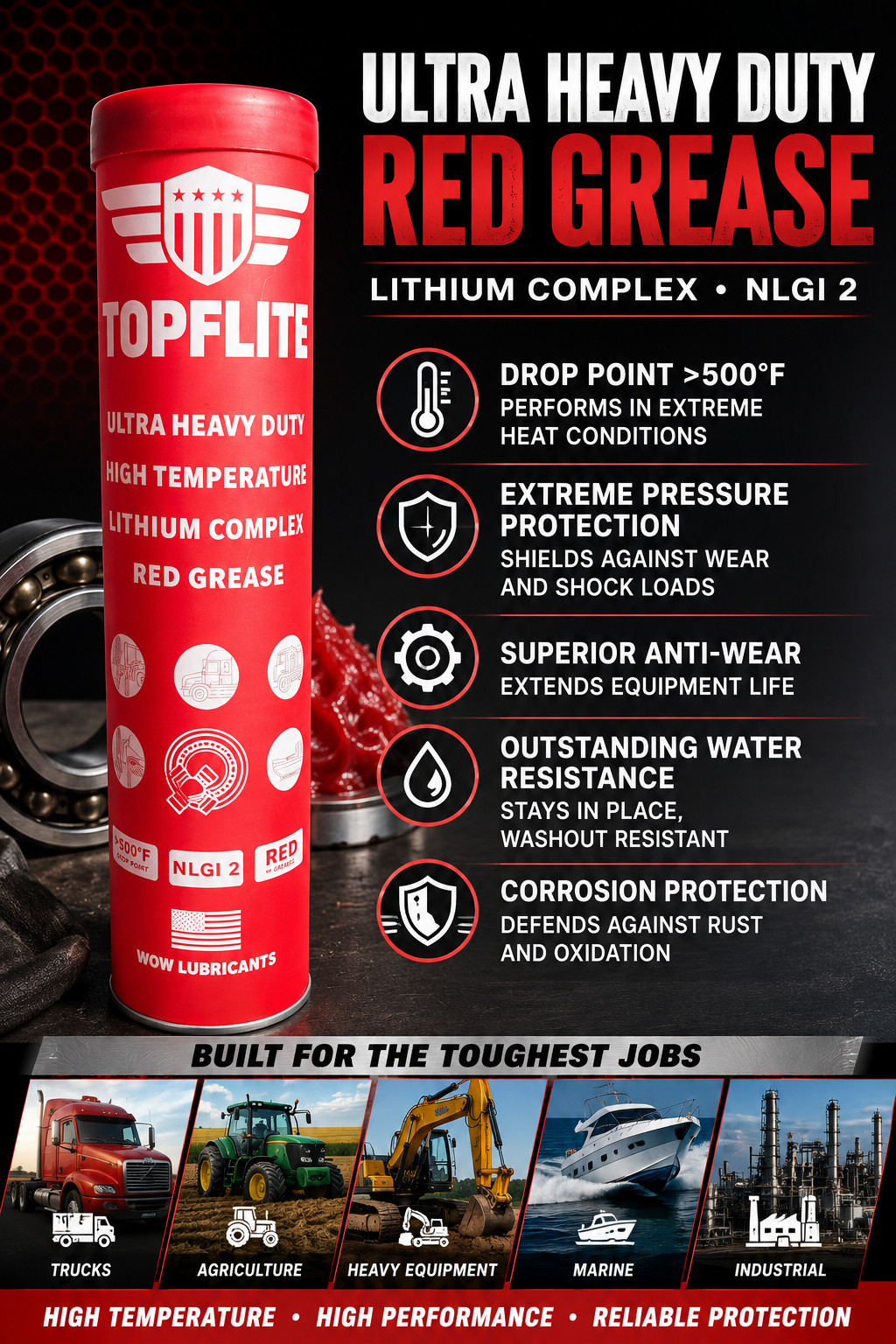 Ultra Heavy Duty High Temperature Lithium Complex Red Grease by TOPFLITE, 14 oz