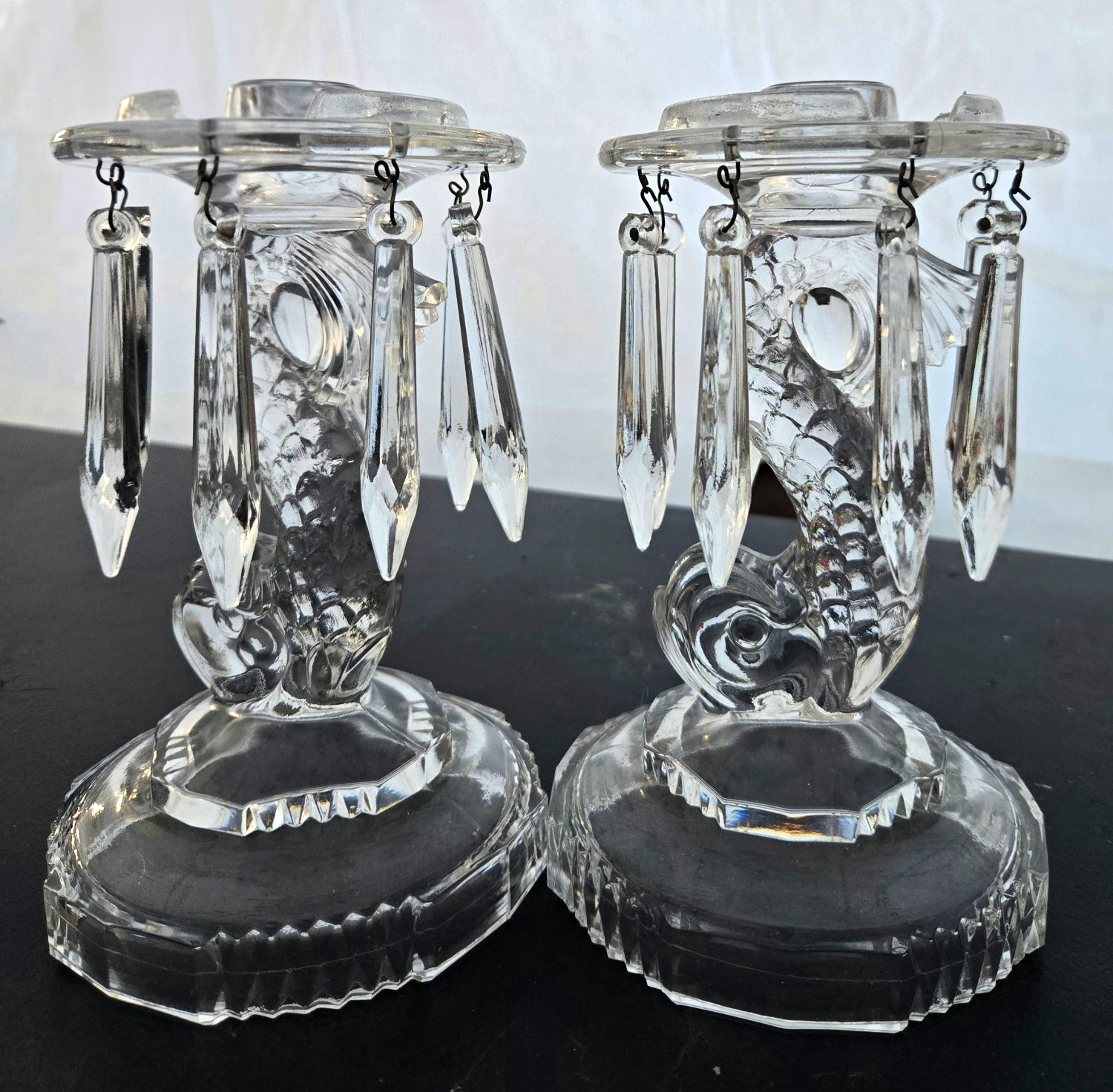 Vintage Indiana Glass Clear Koi Fish Candlesticks w/ Prisms - Pair