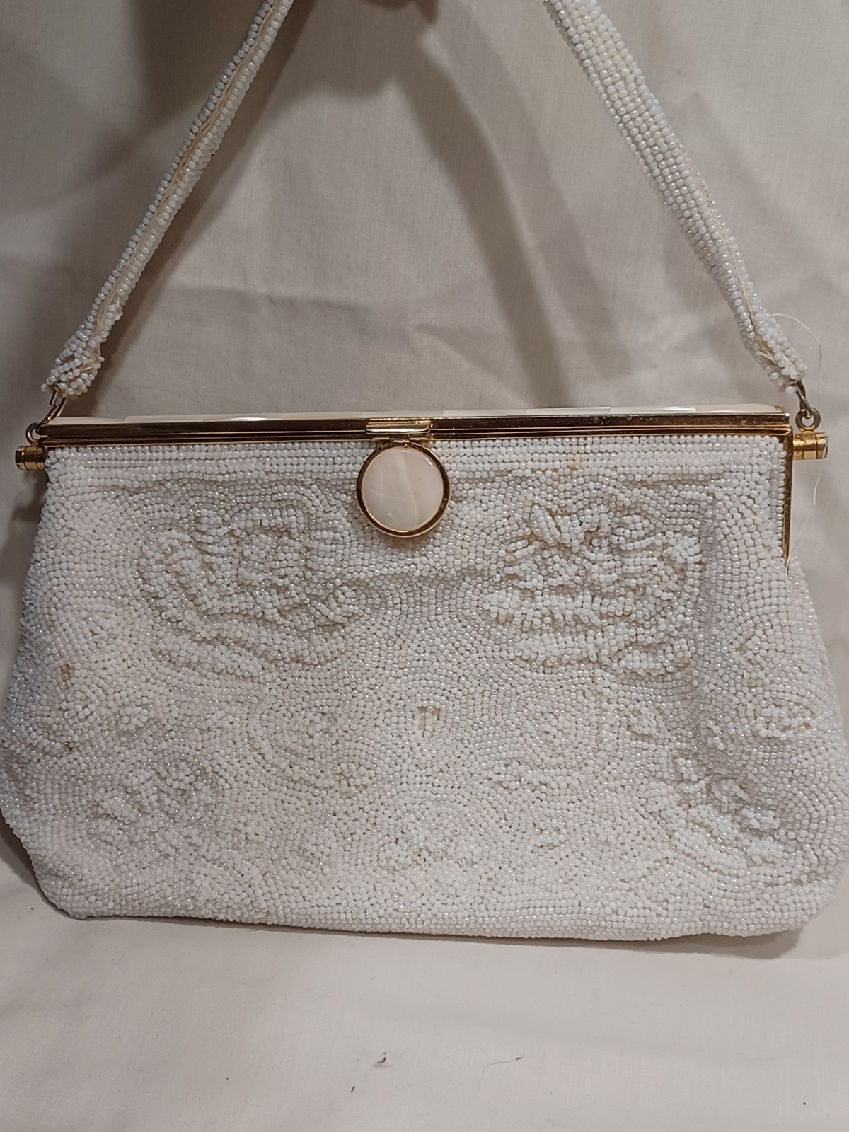Vintage Walborg White Beaded Clutch Purse Handbag - Made in Japan - Silk Lining