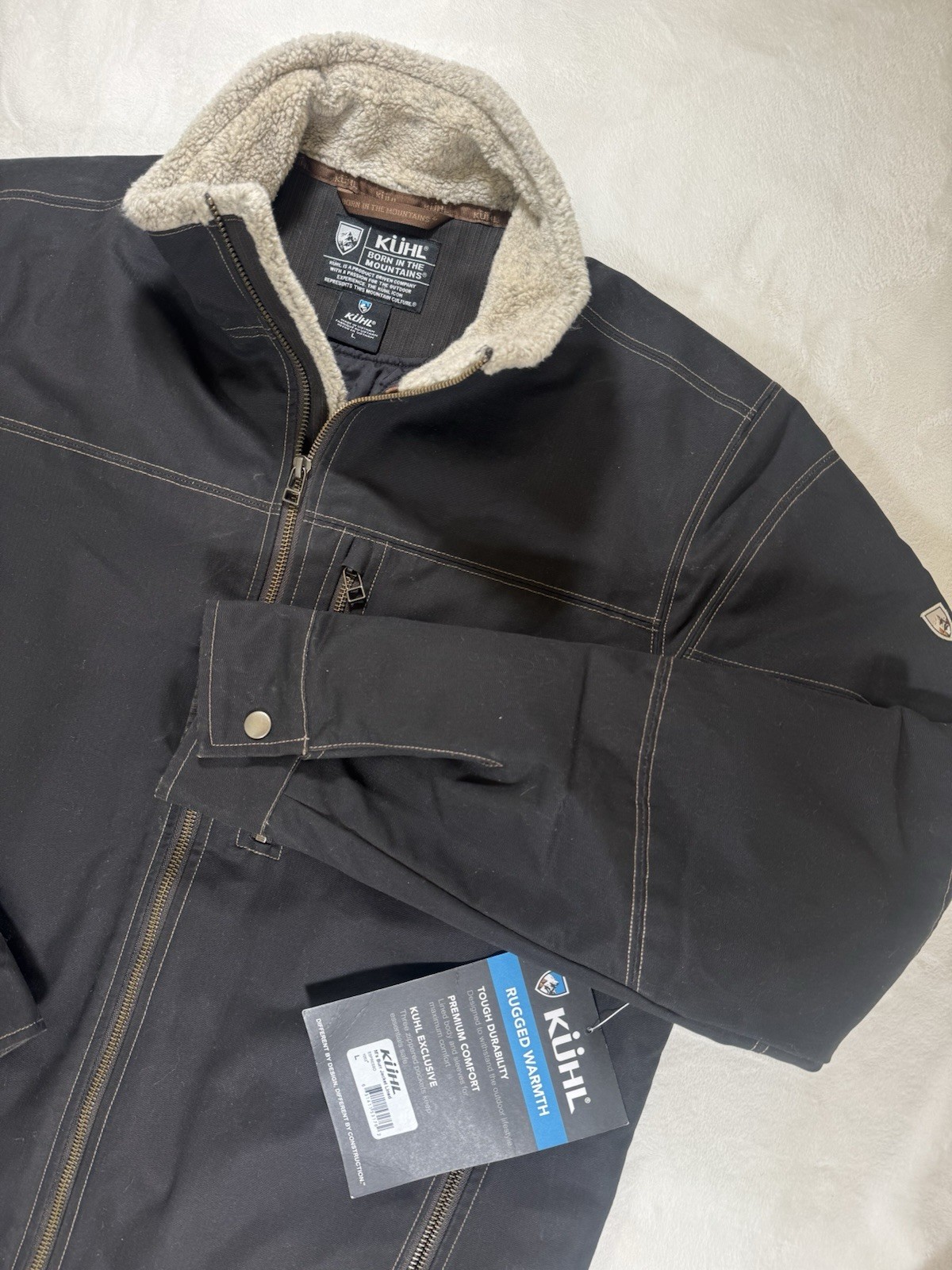 KÜHL Men\'s Large Burr Lined Canvas Jacket Espresso Rugged Patina Dye Sherpa NWT