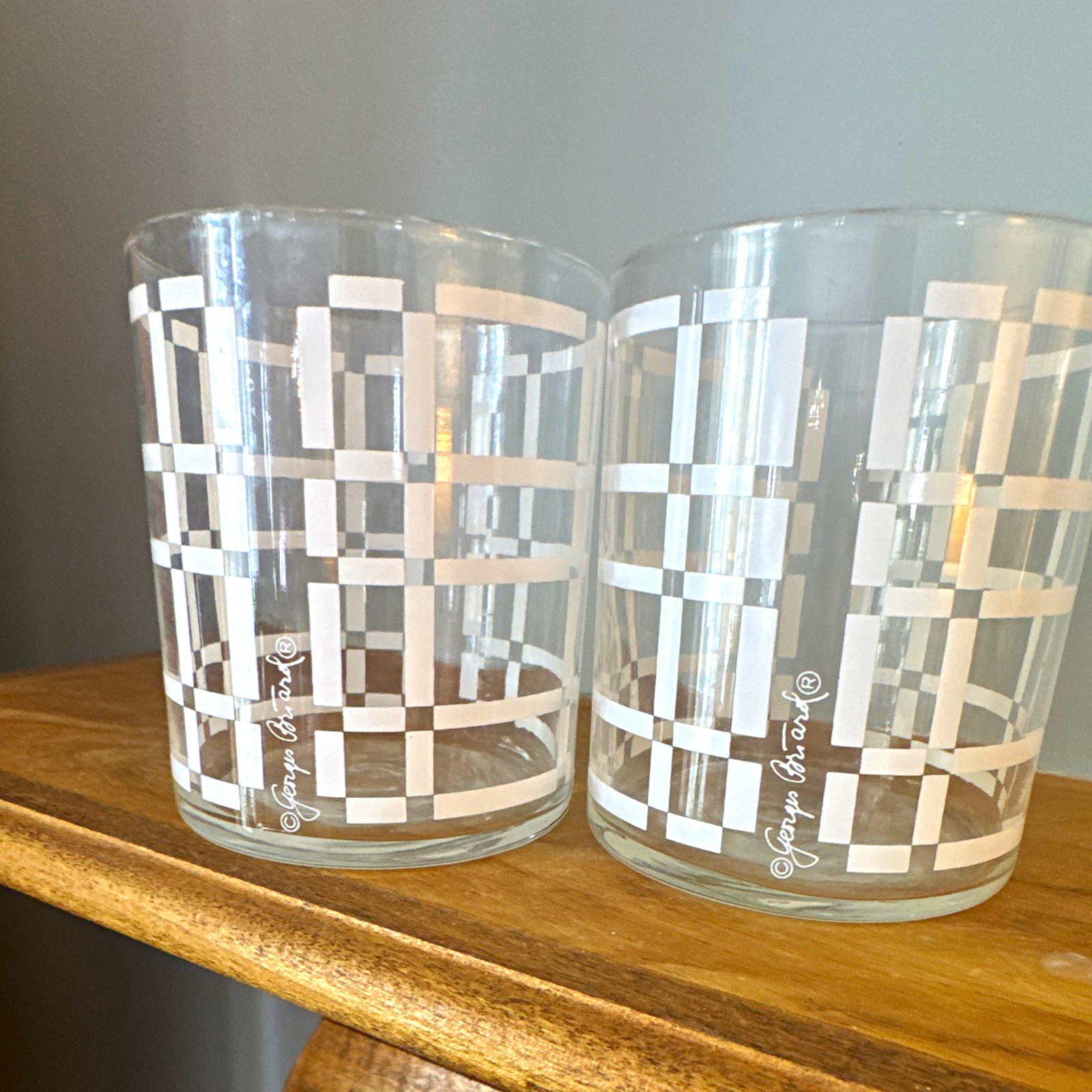 Georges Briard Set of 2 Clear/White Geometric Lowball Tumblers MCM