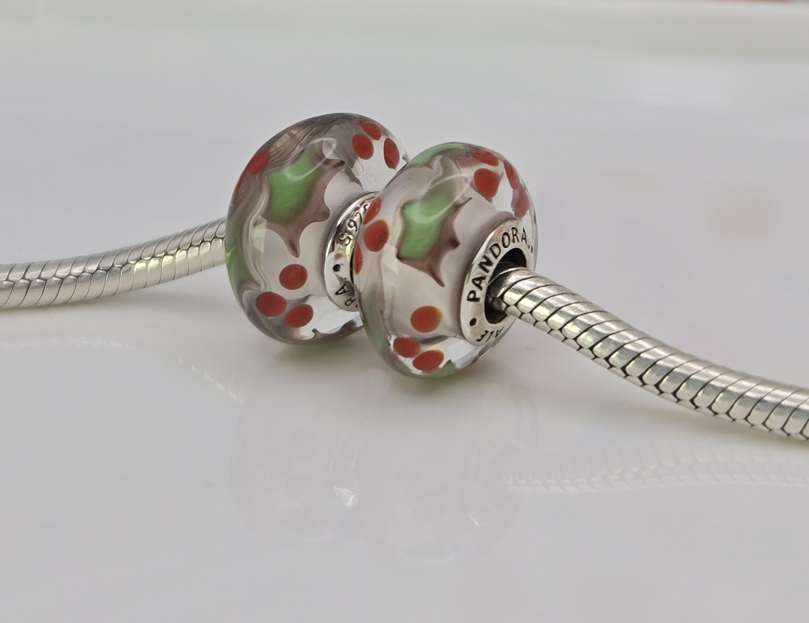 Authentic Pandora Pair of Christmas Holly  Charms Murano silver Glass