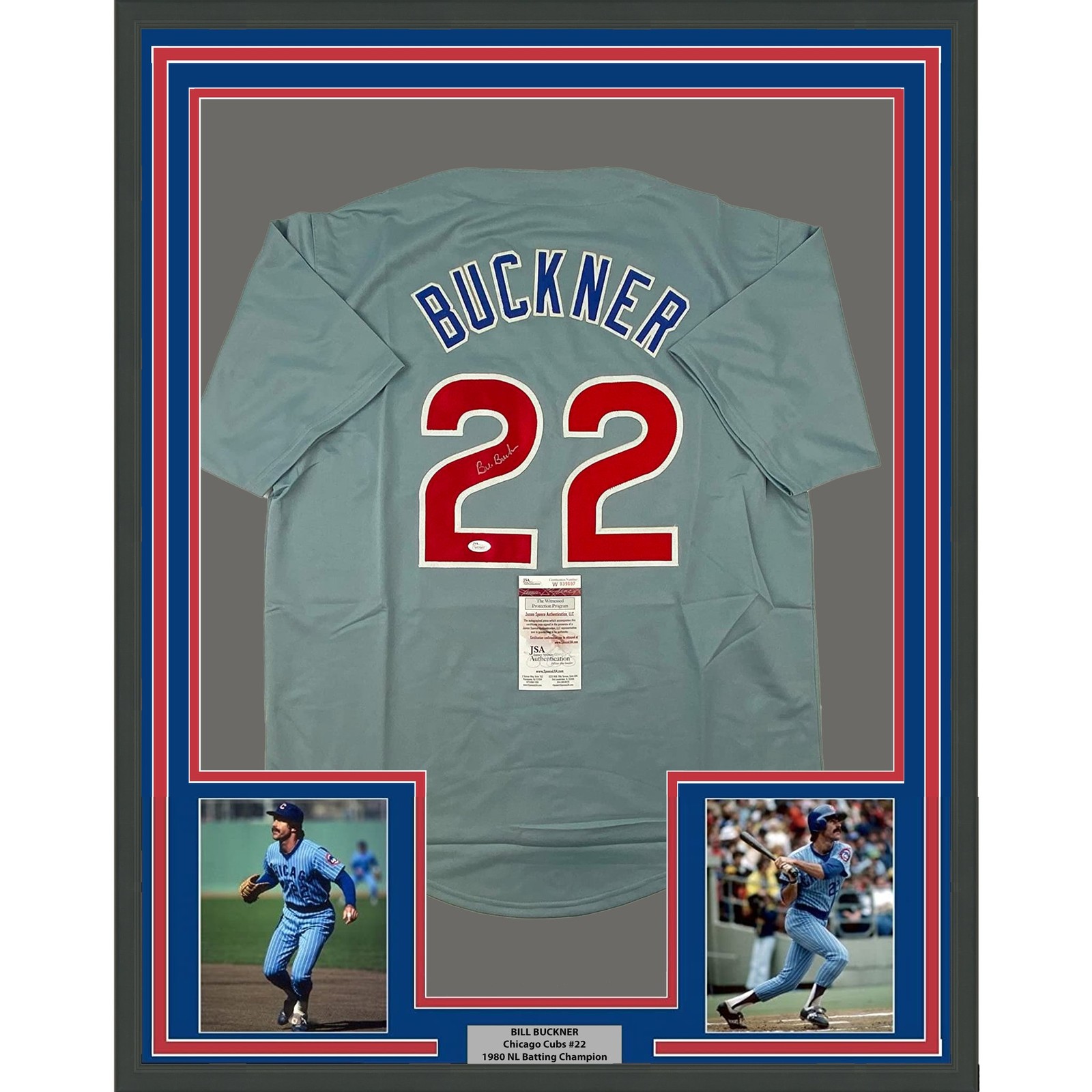Framed Autographed/Signed Bill Buckner 35x39 Chicago Grey Jersey JSA COA