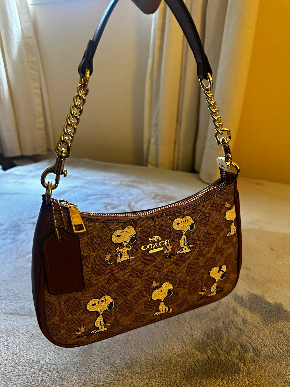 Coach Peanuts Snoopy Signature Monogram Brown Zip Shoulder Bag Detachable Strap