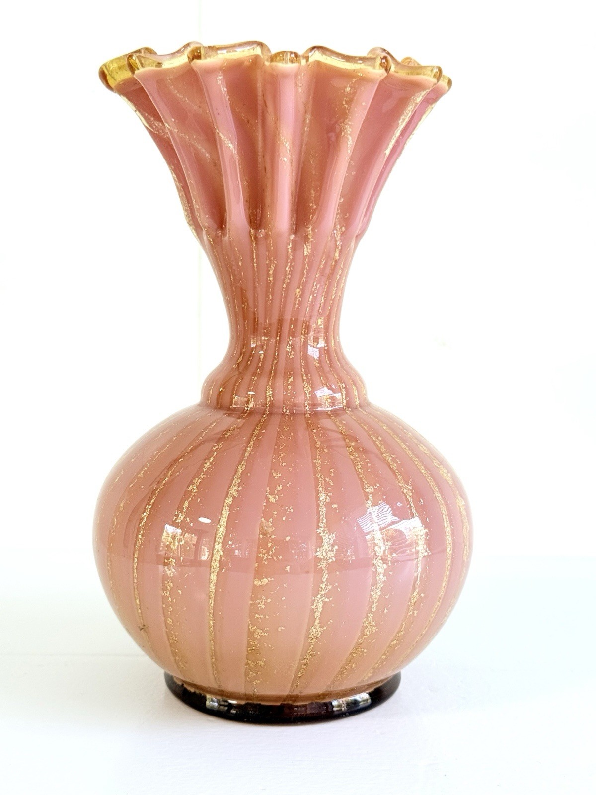 Vintage Murano Glass Vase Ercole Barovier & Toso Pink Aventurine Ruffled Rim