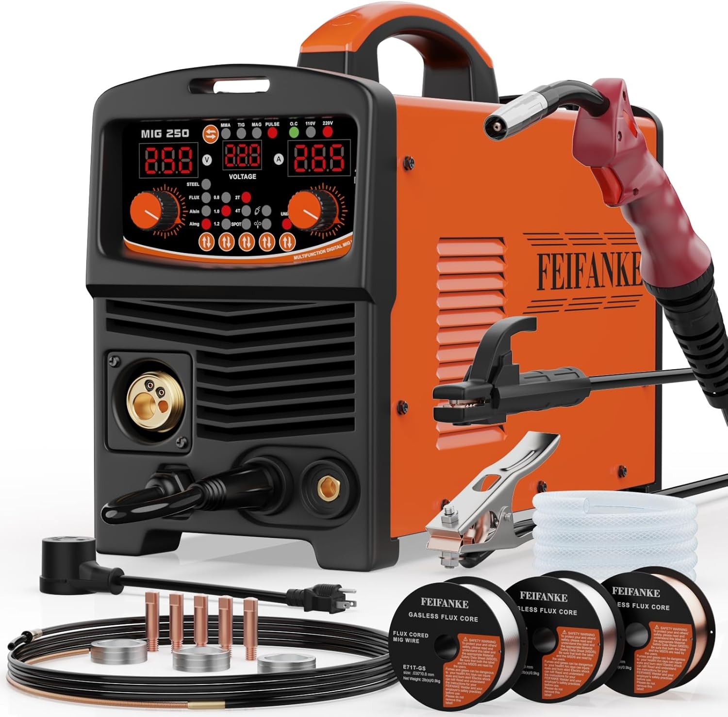 250A Aluminum MIG Welder 110V/220V, 6IN1 Multiprocess Welder SYN/Manual Control 250A Aluminum MIG Welder 110V/220V, 6IN1 Multiprocess Welder SYN/Manual Control