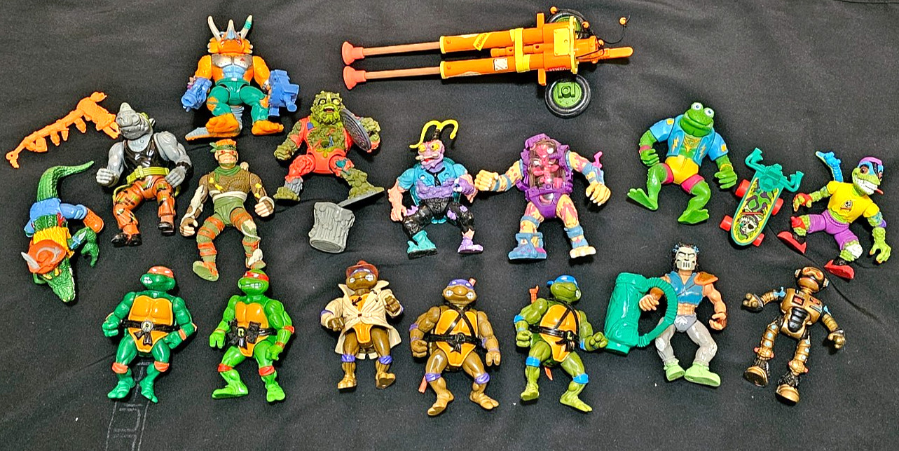 Vintage TMNT Playmates Lot 16 Figures 1988‑1993 + Sewer Pogo Vehicle Turtles