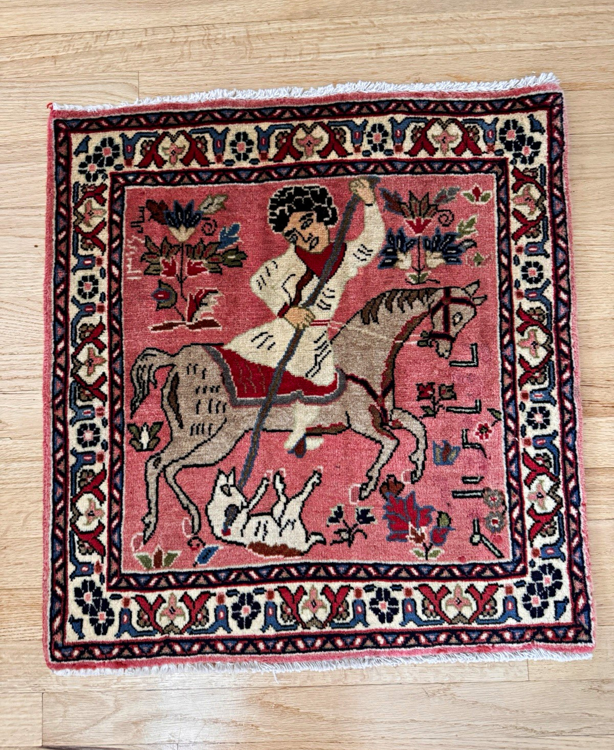 Vintage Antique Hand Knotted Wool Oriented Rug 2 x 2 ft Pictorial Horse pink