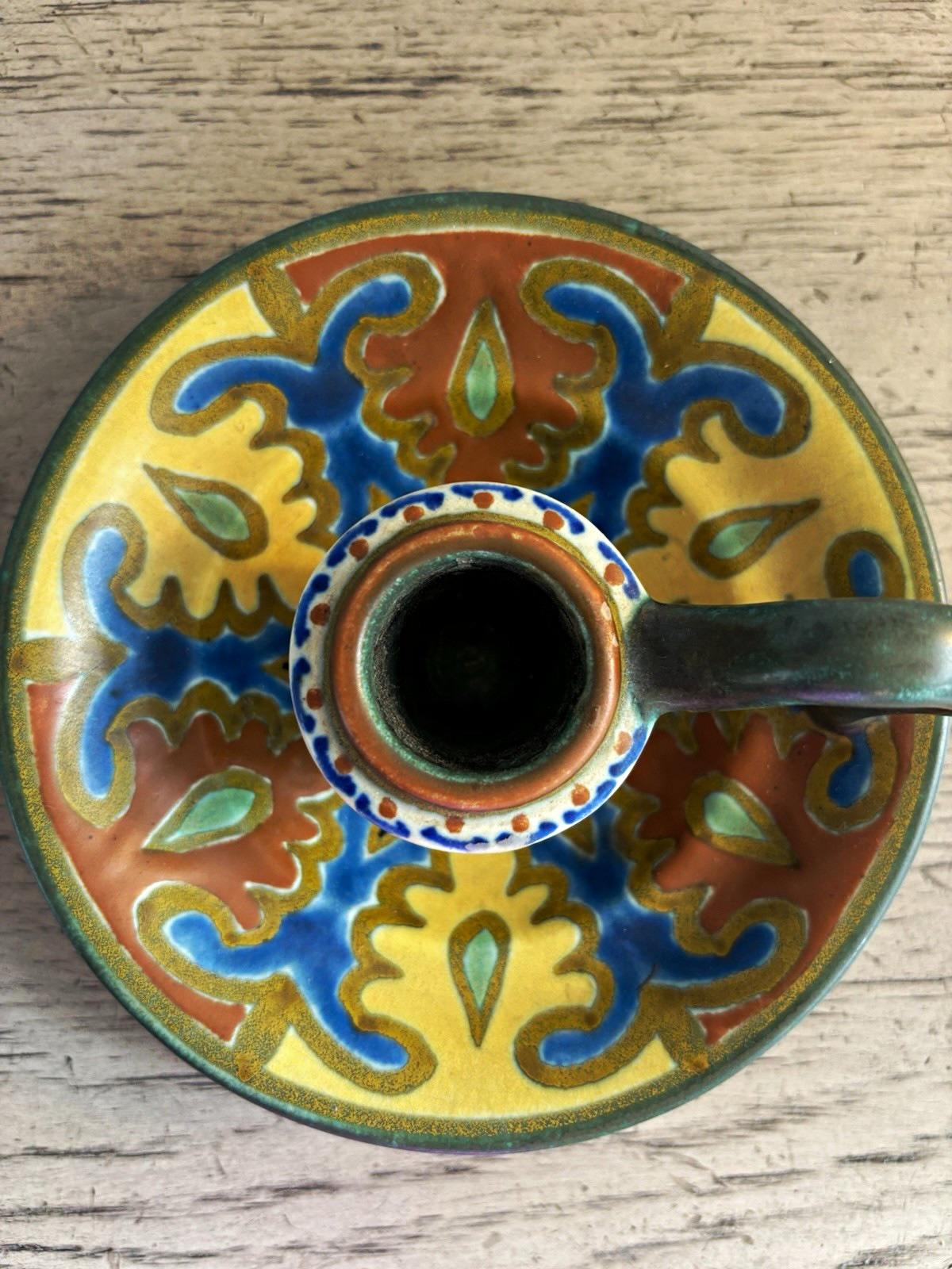 Antique PZH Gouda Holland EMMY art pottery hand painted candleholder 6” Antique PZH Gouda Holland EMMY art pottery hand painted candleholder 6”
