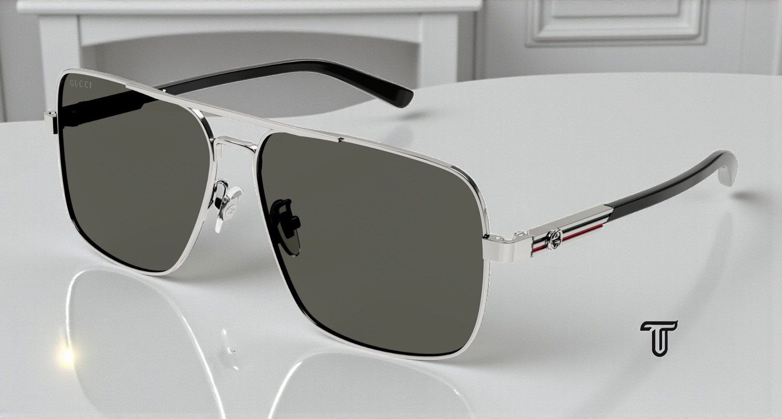 GUCCI GG1289S 001 Rectangular Metal Ruthenium Black Grey 62 mm Men\'s Sunglasses