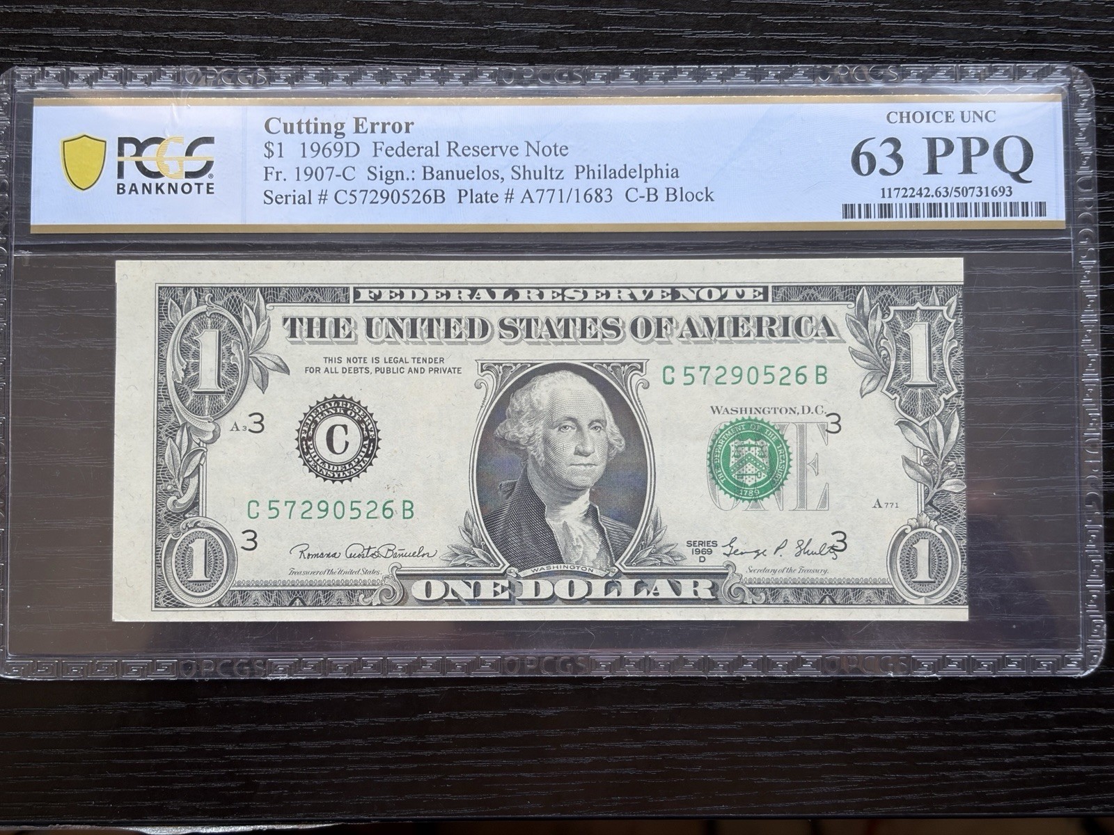 PCGS $1 1969-D Federal Reserve Note Cutting Error Choice UNC 63 PPQ