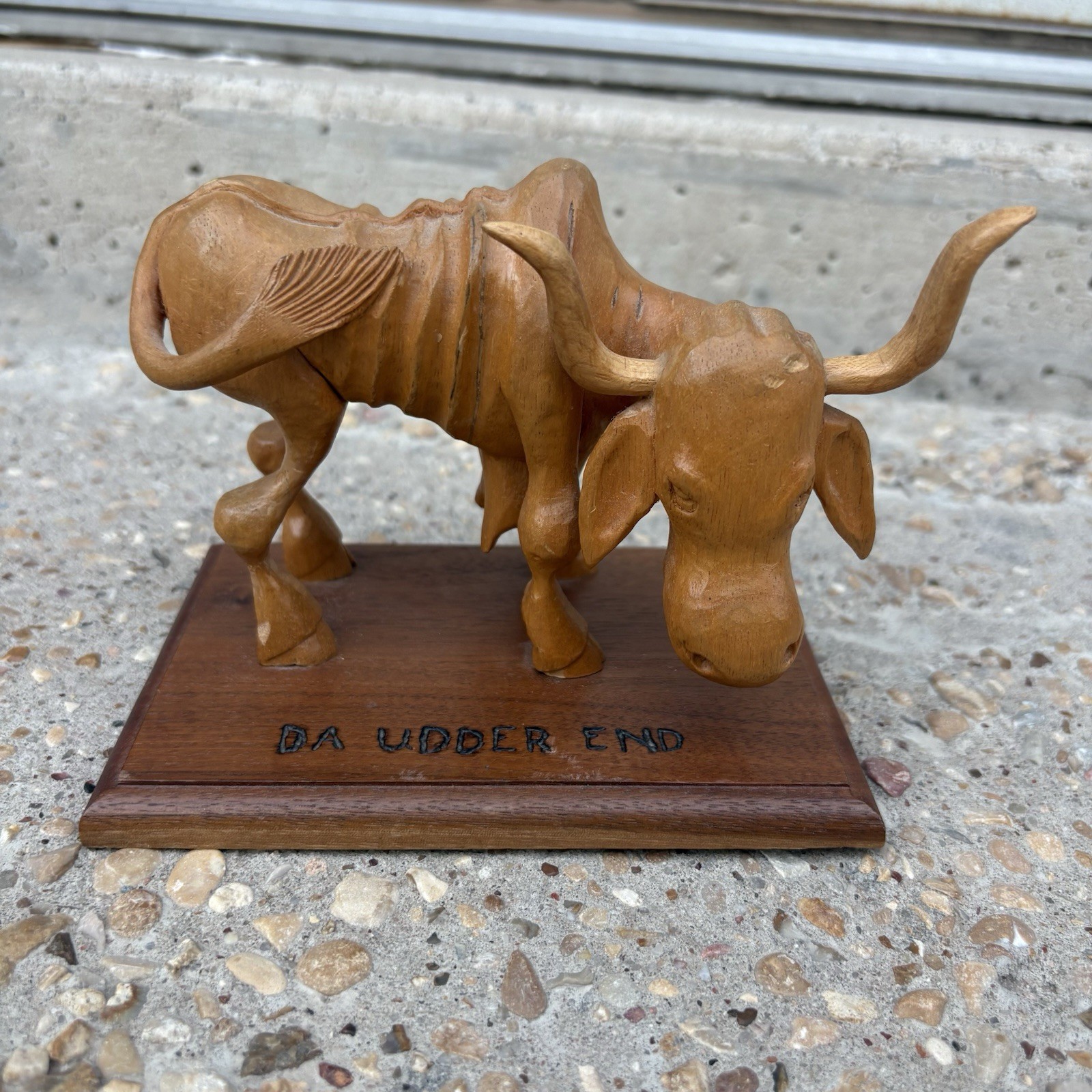 Vintage Carved Grim Humorous Wooden Bull “Da Udder End” Signed Folk Art American