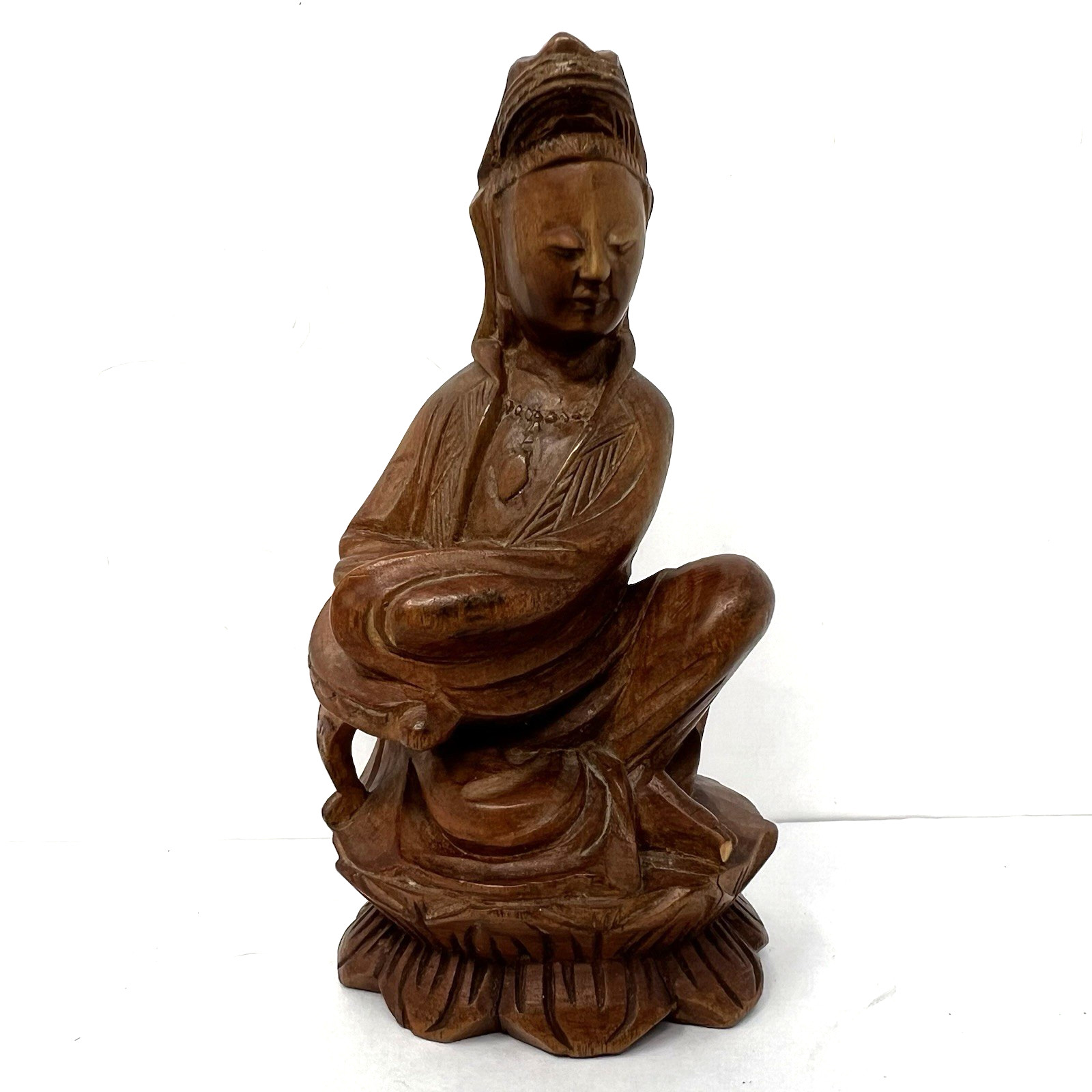 Hand Carved Wood Guanyin Bodhisattva Statuette Asian Royal Ease Pose Figure 4.8\