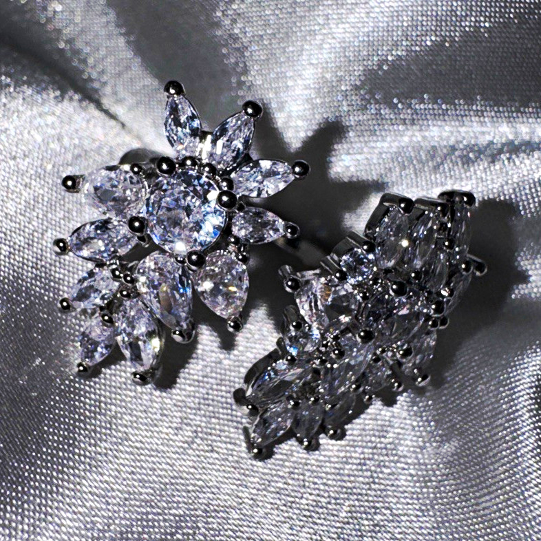 Silver Tone Clear Marquise Cluster Flower Ring, Prong Set, Adjustable Size