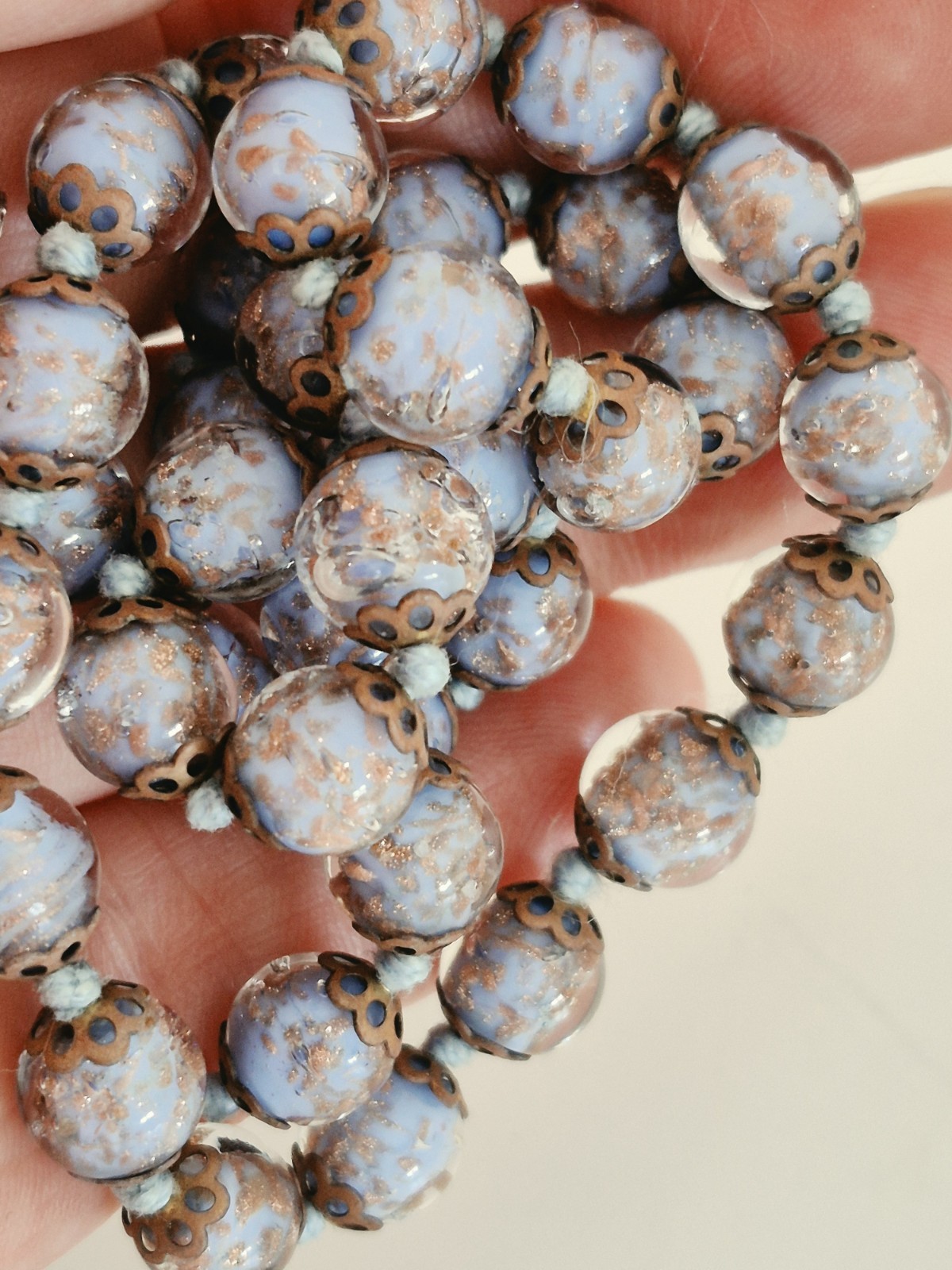 Vintage Italian Murano Glass Bead Necklace Gold Copper Flake Light Blue Filigree