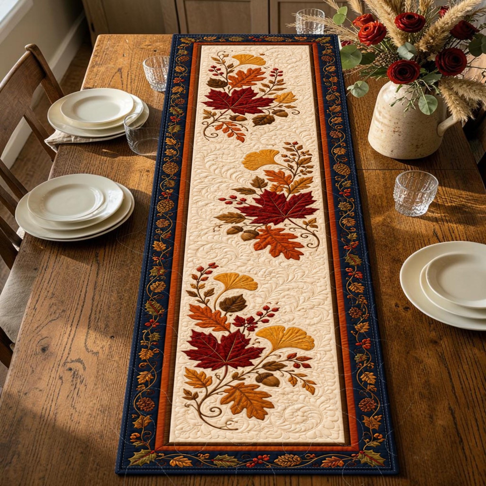 Autumn Leaves Acorns Table Runner Fall Harvest Thanksgiving Burgundy Decor