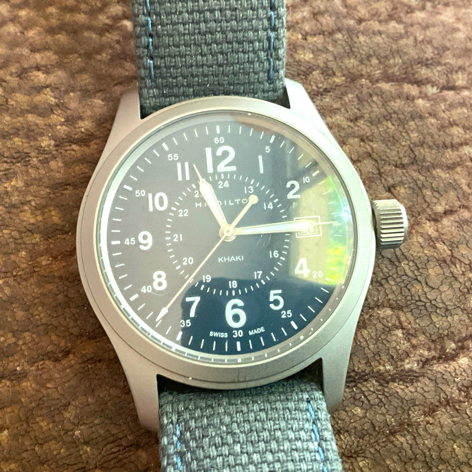 Hamilton Khaki Field Automatic Black Dial Date Gray Fabric Strap Watch Hamilton Khaki Field Automatic Black Dial Date Gray Fabric Strap Watch