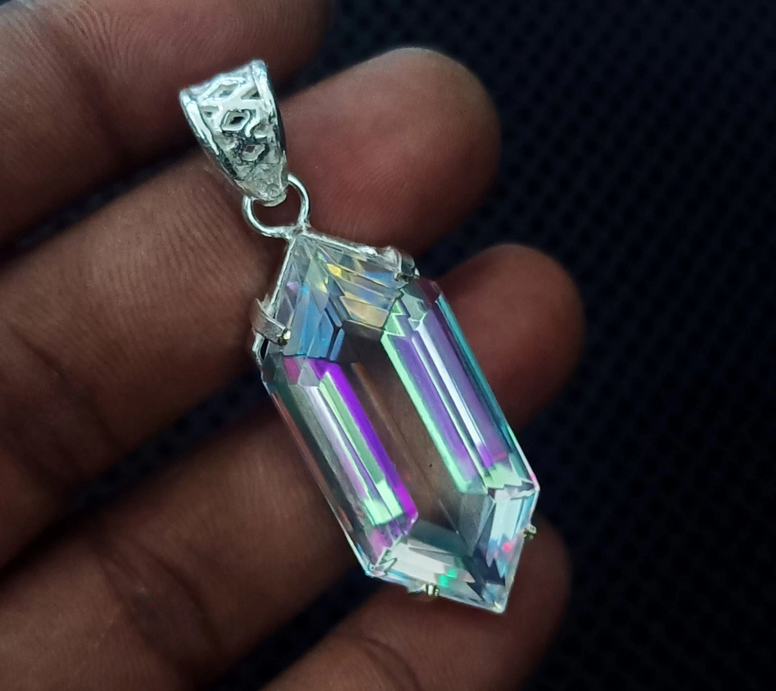 58 Ct+ Natural Mystic Topaz Fancy Cut 925 Solid Silver Pendant Gemstone