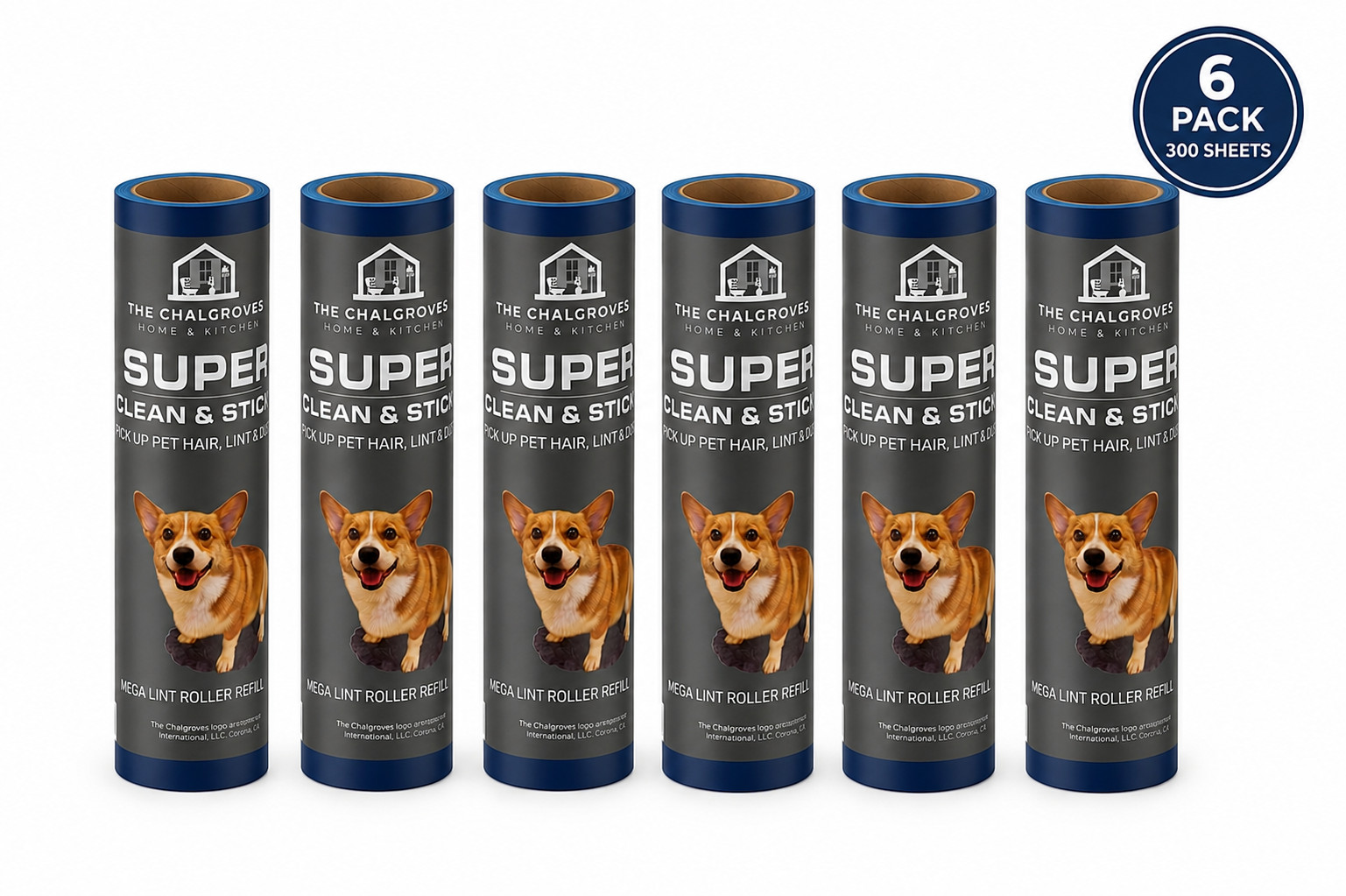 The Chalgroves Mega Lint Roller Refills 6 Pack 300 Sheets Extra Sticky Pet Hair