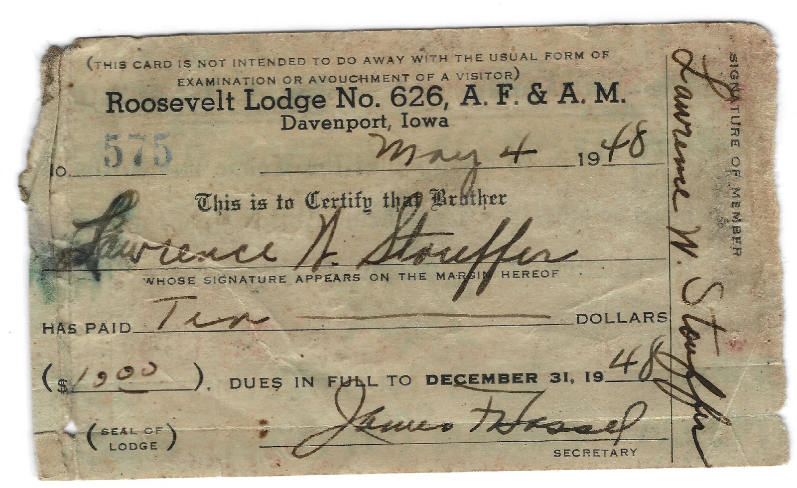 1948 Mason Lodge Membership Davenport Iowa